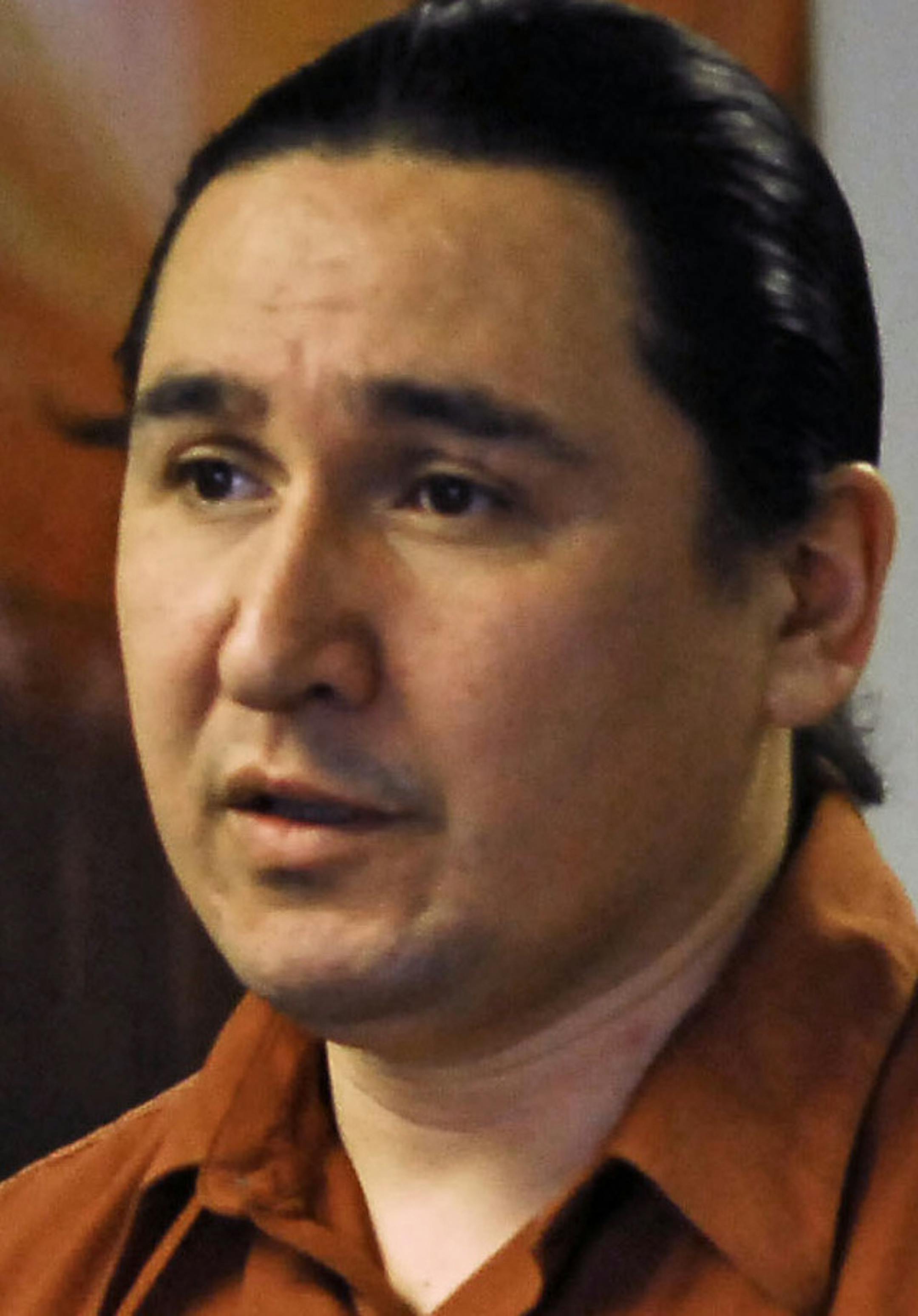 Photo by Richard Sennott, Star Tribune: Red Lake, Minnesota--April 2, 2007-- Red Lake Tribal Chairman Floyd Jourdain Jr., at right, speaks at a press conference Monday morning about the discovery over the weekend of the bodies of Tristan White, 4, and Avery Lee Stately, 2. They were found near a beaver lodge on Thunder First Lake about one-fourth mile from the boys home. (Red Lake Tribal Administrator Lea Perkins is at left.)