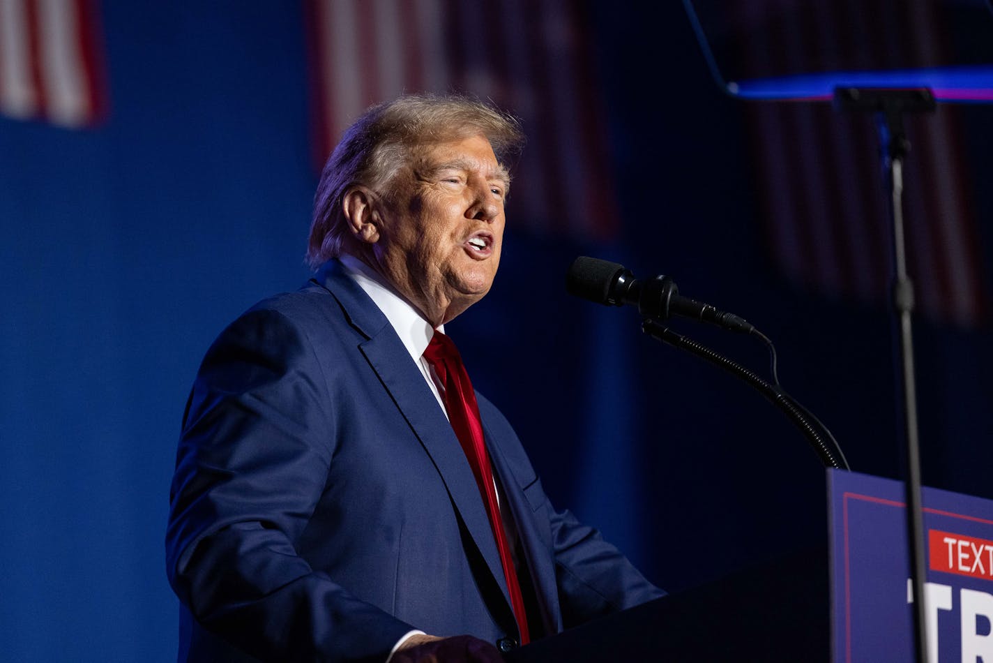 Republican presidential candidate, former President Donald Trump speaks during a campaign event at the Whittemore Center Arena on Saturday, Dec. 16, 2023, in Durham, New Hampshire. (Scott Eisen/Getty Images/TNS) ORG XMIT: 98079801W