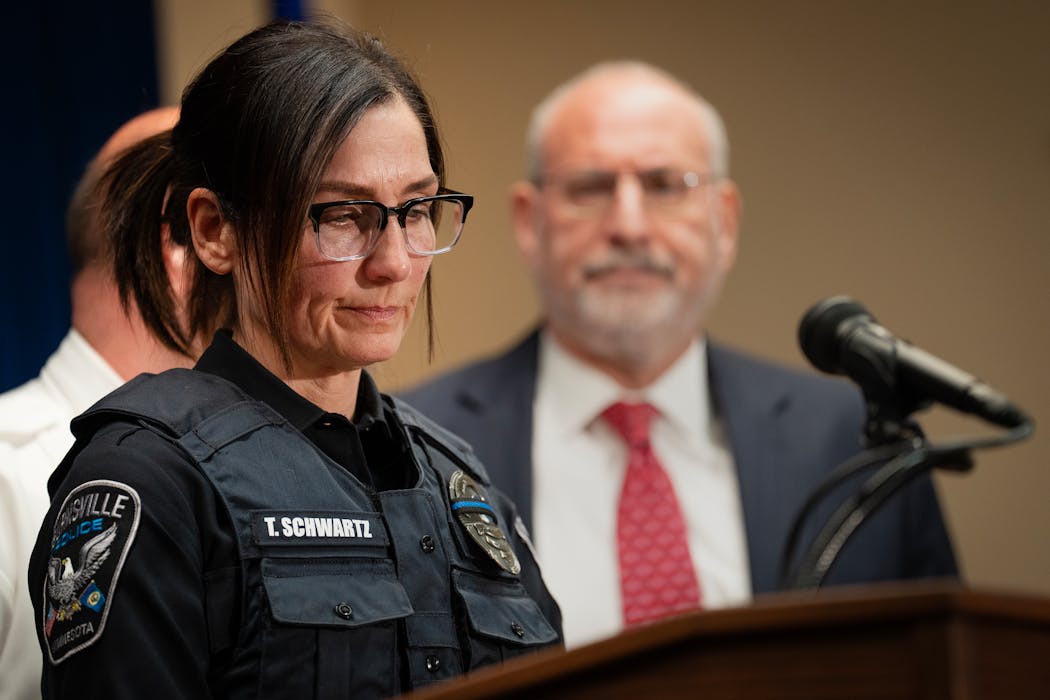 Burnsville Police Chief Tanya Schwartz speaks Thursday during the announcement that Ashley Anne Dyrdahl has been indicted for placing firearms in the hands of Shannon Gooden.