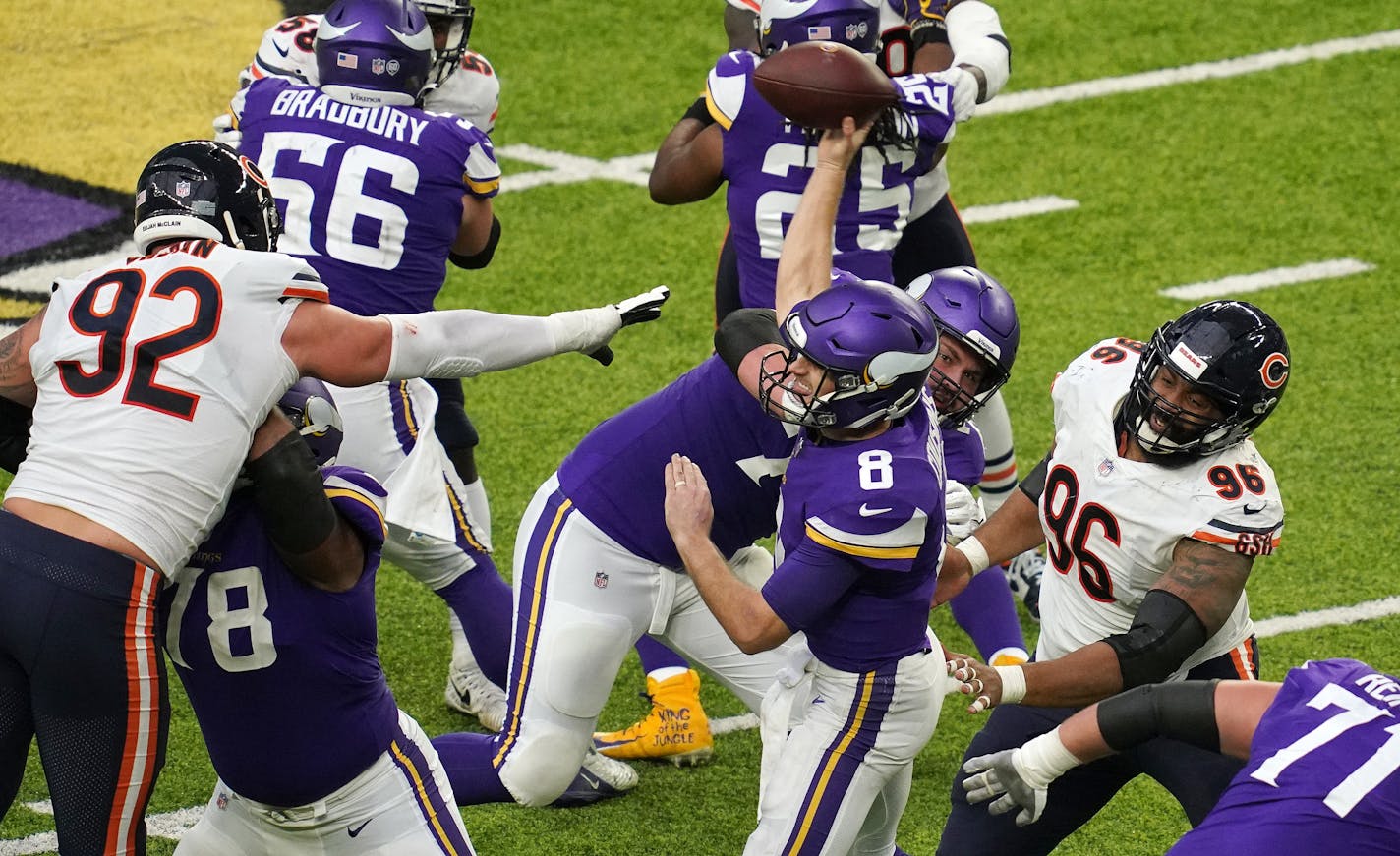 Vikings quarterback Kirk Cousins threw under pressure in the fourth quarter vs. Chicago.