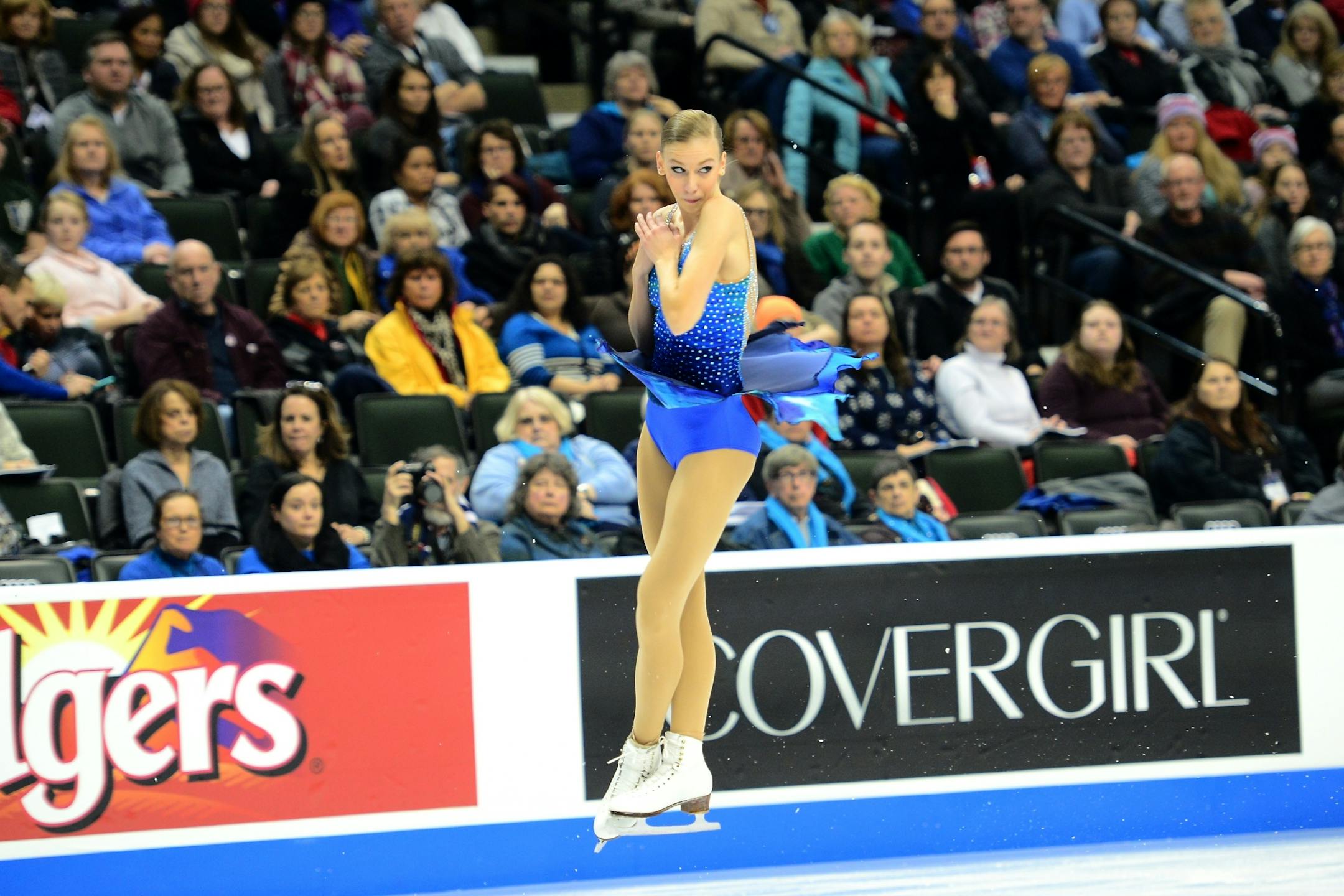 Polina Edmunds executed a jump in the Championship Ladies Short Program Thursday night. She placed first with a score of 70.19.