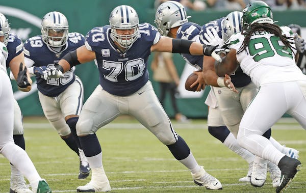 Dallas Cowboys offensive guard Zack Martin (70) blocks during an NFL football game against the New York Jets, Sunday, Oct. 13, 2019, in East Rutherfor