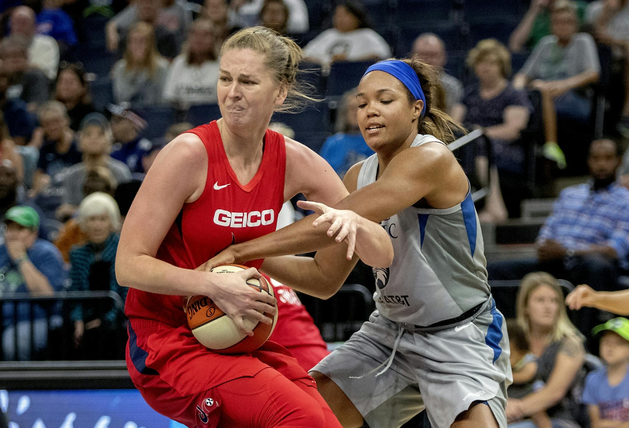 Minnesota Lynx Napheesa Collier and the Mystics' Emma Meeseeman battled for the ball during the second quarter as the Lynx took on the Washington Mystics, Wednesday, July 24, 2019 at the Target Center in Minneapolis, MN.