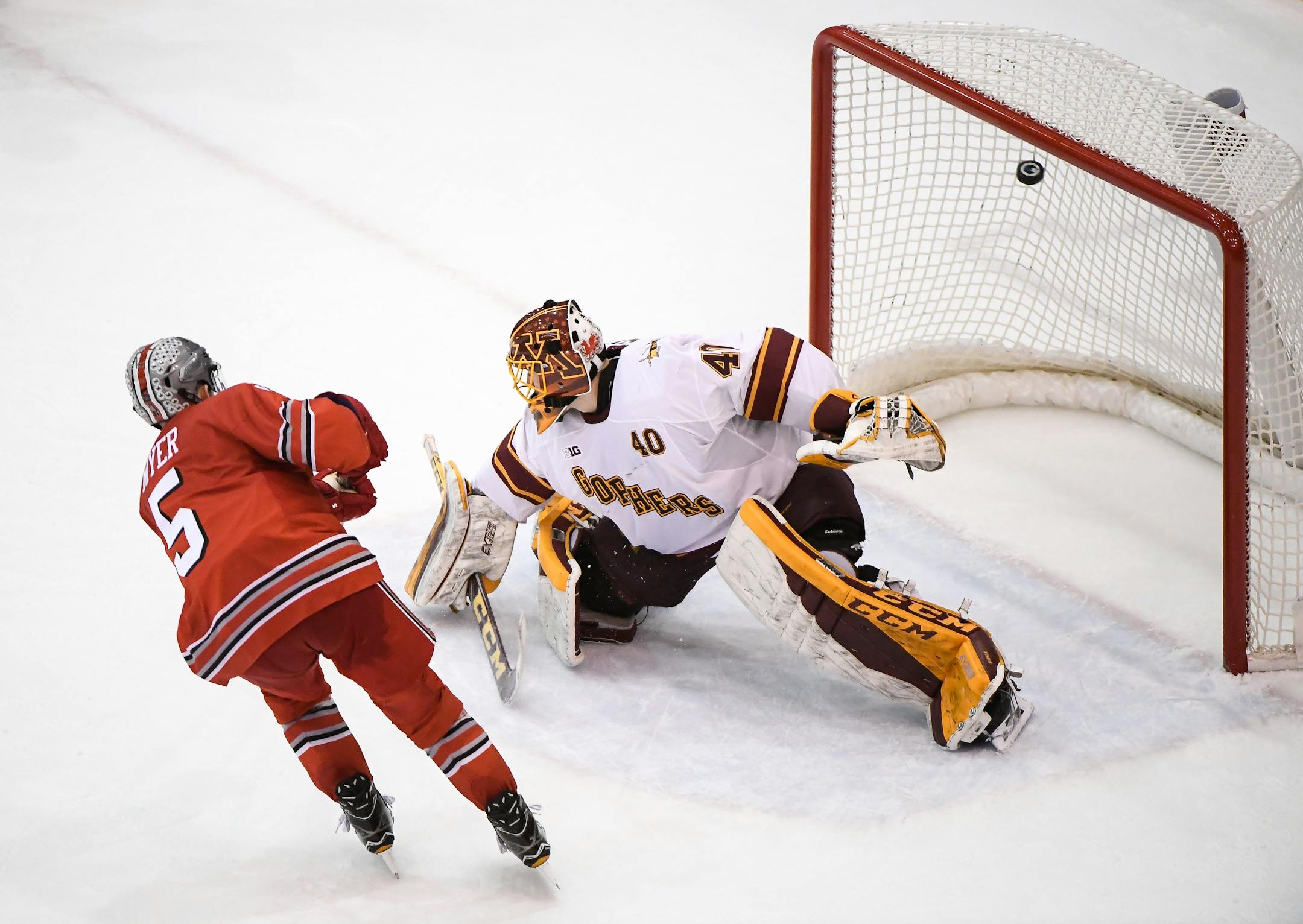 Ohio State Buckeyes defenseman Gordi Myer (5) scored the go ahead goal during Saturday night's shootout against Minnesota Golden Gophers goaltender Mat Robson (40). The game ended in a 1-1 tie with Ohio State winning the shootout 2-1. ] AARON LAVINSKY � aaron.lavinsky@startribune.com The University of Minnesota Golden Gophers mens hockey team played the Ohio State University Buckeyes Saturday, Feb. 17, 2018 at the 3M Arena at Mariucci in Minneapolis, Minn.