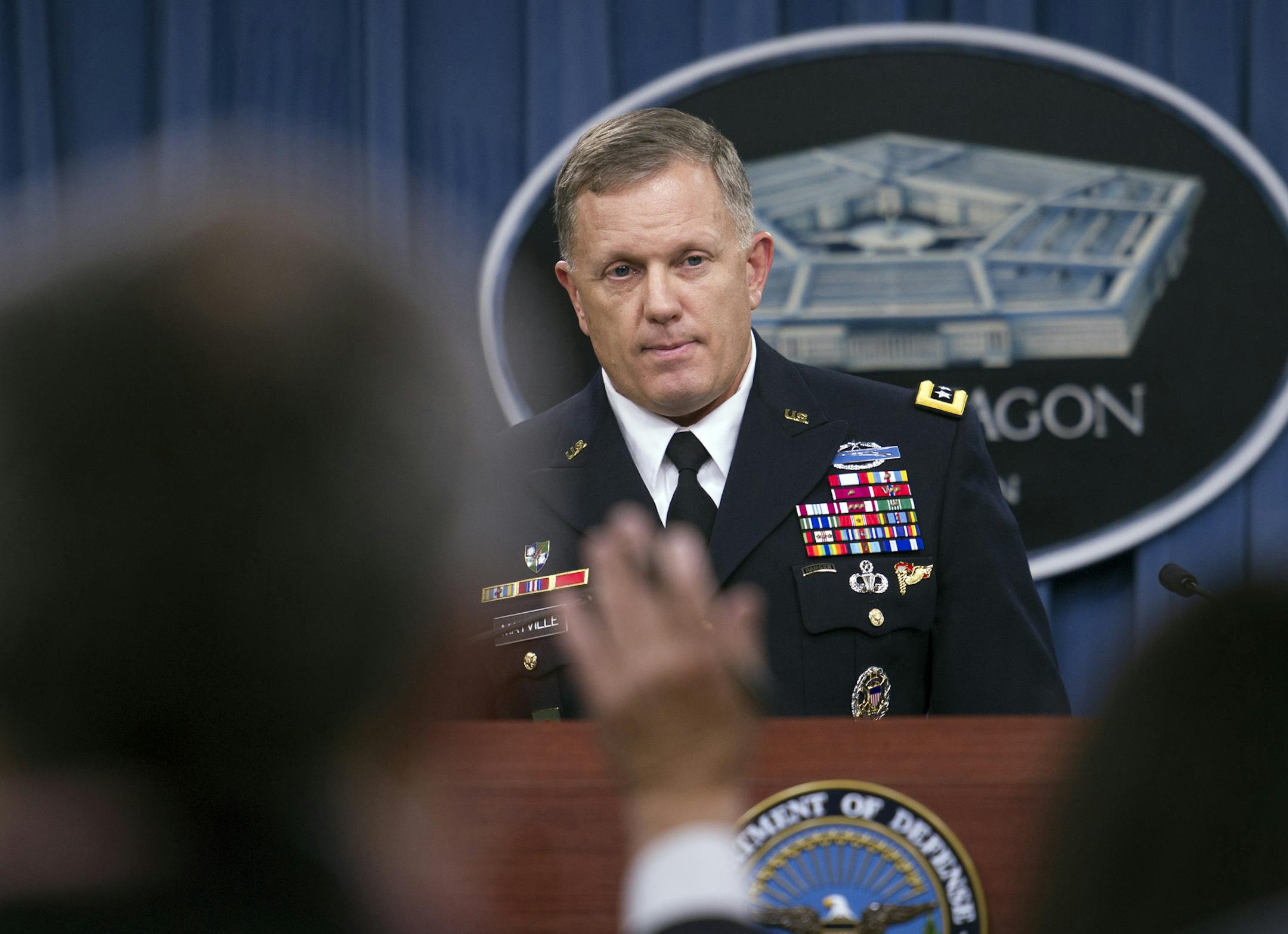 Army Lt. Gen. William Mayville, Jr., Director of Operations J3, takes a question while speaking about the operations in Syria, Tuesday, Sept. 23, 2014, during a news conference at the Pentagon. In a separate action from the air strikes against the Islamic State group, the U.S. bombed a cell of al Qaida militants in northwestern Syria after concluding they were close to attacking the U.S. or Europe, Pentagon officials say. Mayville, the Pentagon’s operations chief, said that the Khorasan G