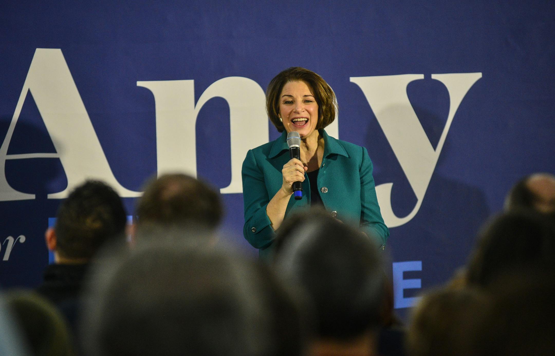 Democratic presidential candidate Sen. Amy Klobuchar, D-Minn., holds a rally at Keene State College, in Keene, N.H., on Monday, Feb. 10, 2020, a day before the New Hampshire primaries. (Kristopher Radder/The Brattleboro Reformer via AP)