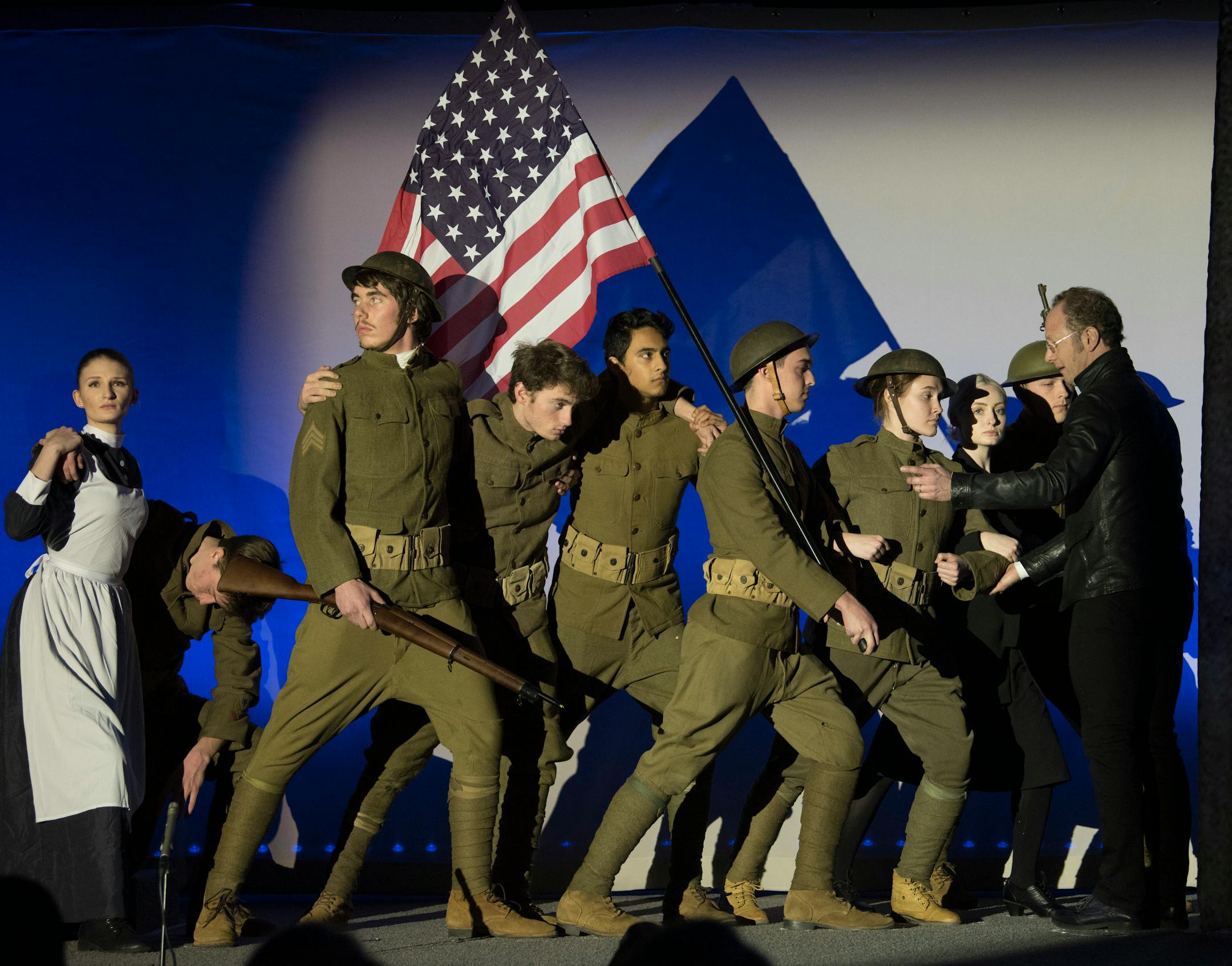 Noted sculptor Sabin Howard, right, stages live models to represent the new National World War I Memorial, which is being created by the Centennial Commission in the Nation's Capital on Saturday, Nov. 10, 2018 in Washington. Sunday, November 11th, marks the 100th Anniversary of the end of World War I.