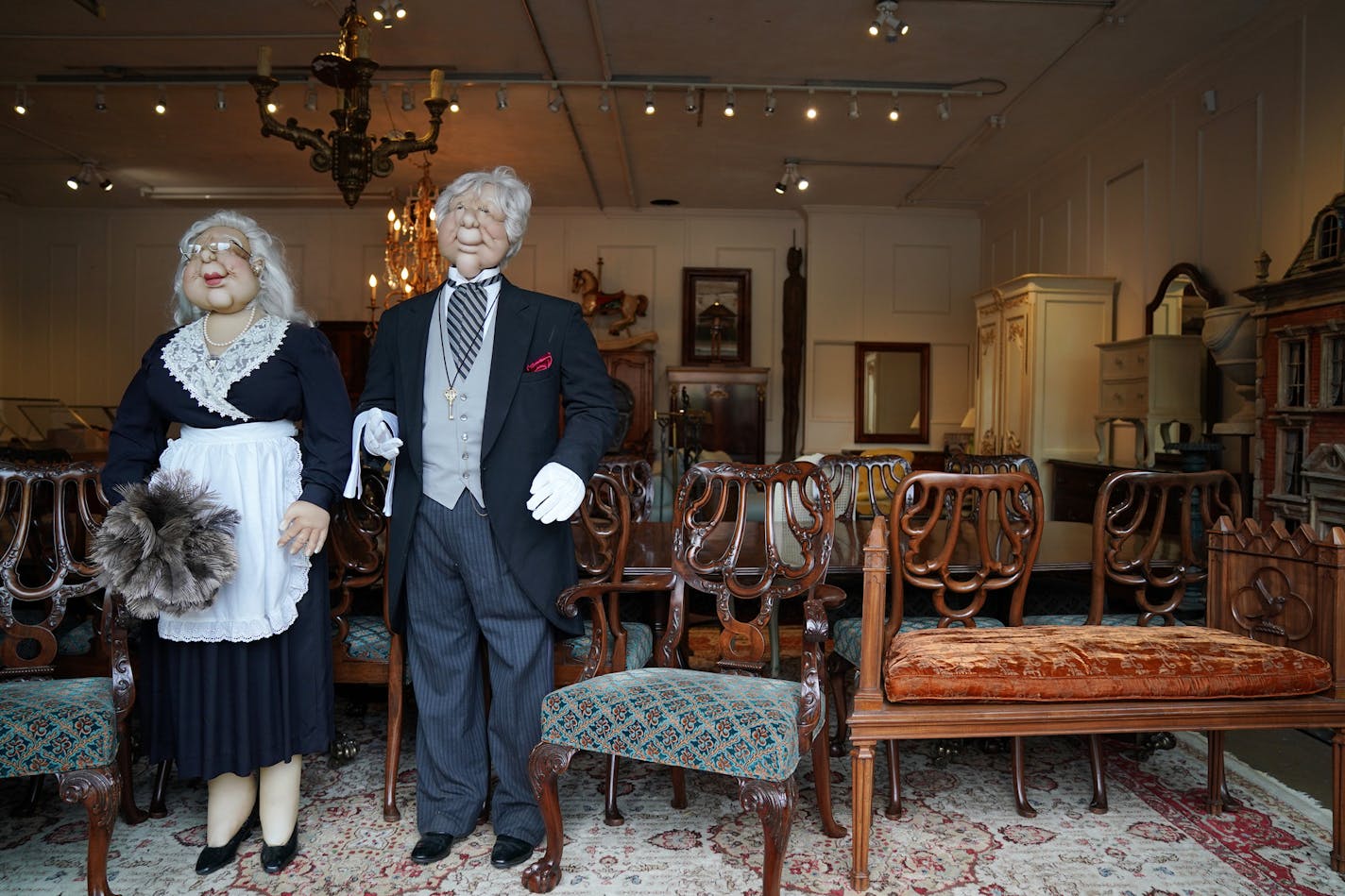 A pair of dummies from the Pillsbury mansion, recently demolished on Lake Minnetonka, sat with the home's other furnishings that will go up for sale this weekend at H & B Gallery.] ANTHONY SOUFFLE &#xef; anthony.souffle@startribune.com Contents of Pillsbury mansion, recently demolished on Lake Minnetonka, that will go up for sale this weekend sat Wednesday, Sept. 5, 2018 at H & B Gallery in Minneapolis.