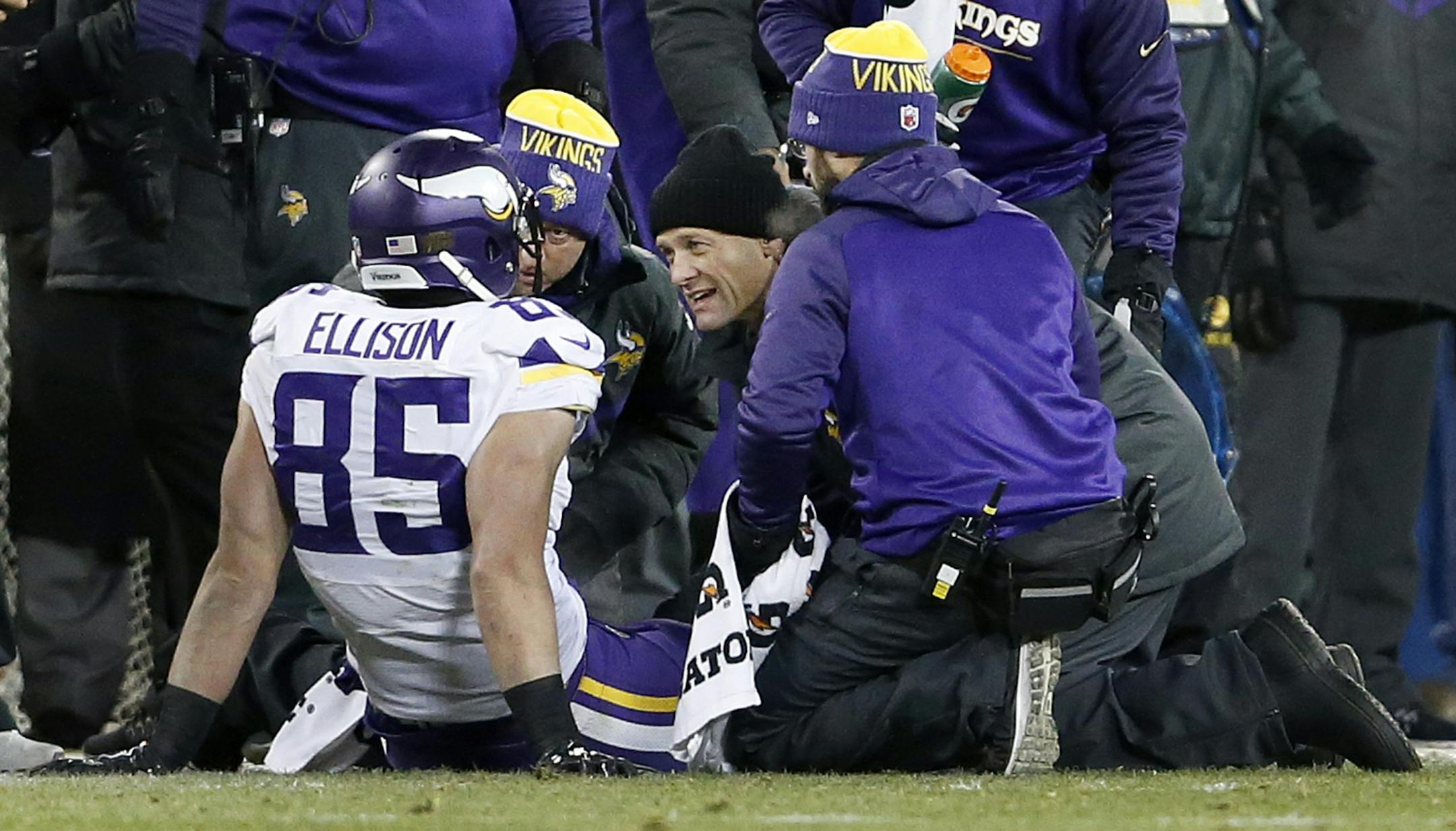 The Vikings lost tight end Rhett Ellison for the remainder of the season in Sunday night's 20-13 victory over Green Bay that secured the NFC North championship. Ellison tore the patellar tendon in his right knee on a reception with 11:05 left in the fourth quarter.