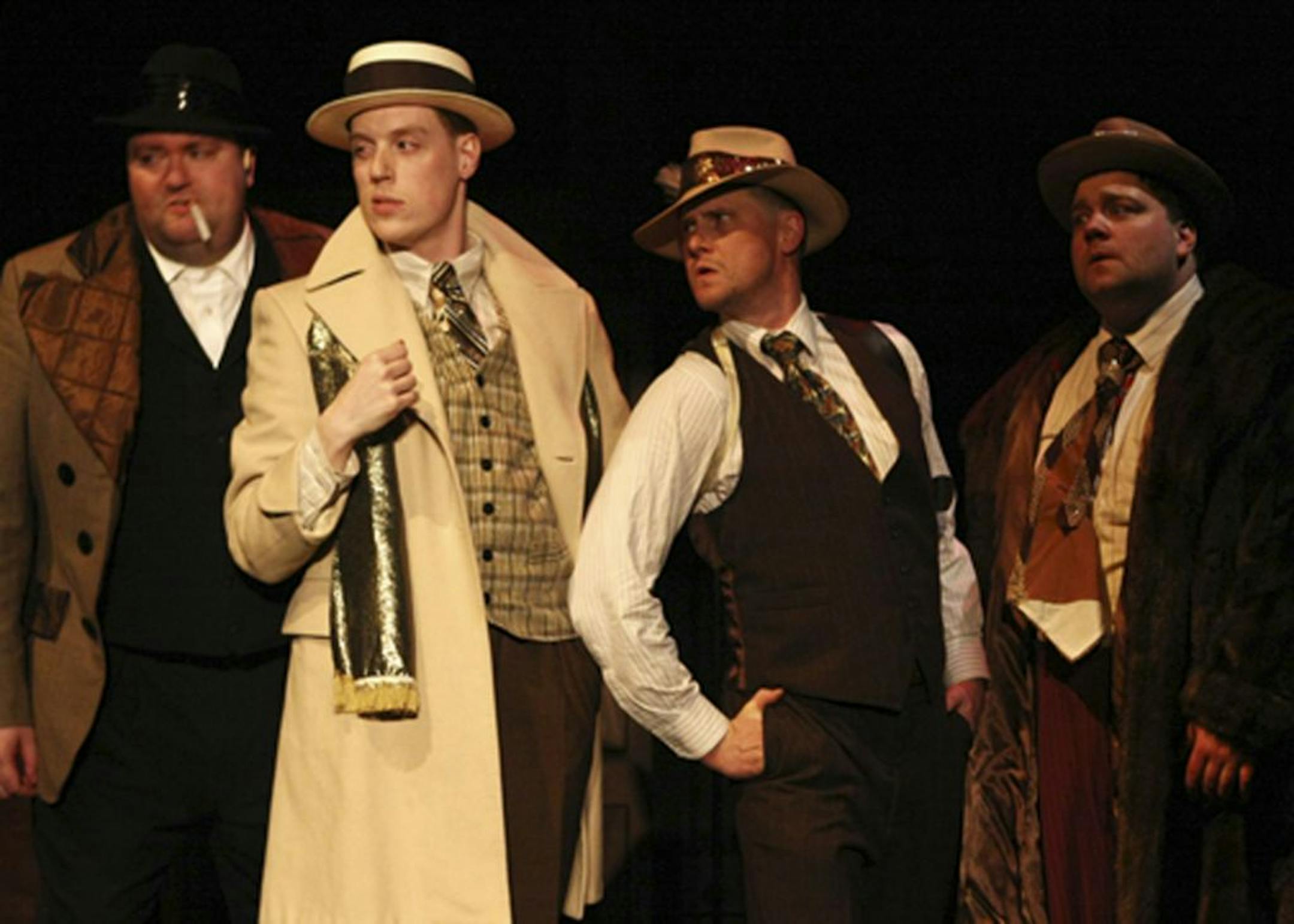 The Karpis/Barker gang prepares for a bank heist (l to r E.J. Subkoviak, Josiah Austin Gulden, Eric Knutson, Matt Erkel)