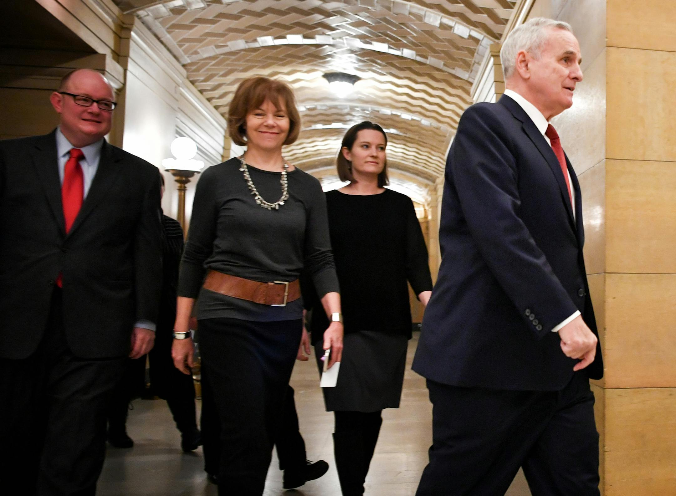 Governor Mark Dayton walked to a press conference where he announced that he had prostate cancer. He was followed by senior advisor Bob Hume, Lt. Governor Tina Smith and Chief of Staff Jaime Tincher. ] GLEN STUBBE • glen.stubbe@startribune.com Tuesday January 24, 2017 Gov. Mark Dayton lays out his 2017-18 budget proposal at 11:15 a.m. in St. Paul. Word Monday night was that Dayton will go on with the briefing despite appearing to faint during his State of the State speech.