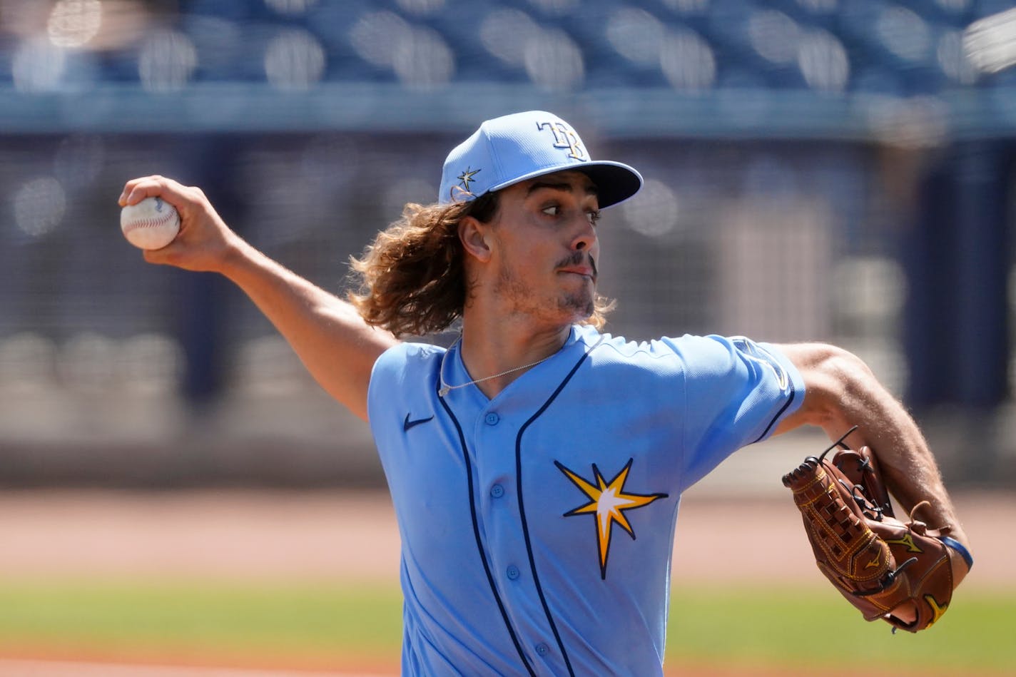 Tampa Bay Rays pitcher Joe Ryan works against the Boston Red Sox in the first inning of a spring training baseball game on Monday, March 15, 2021, in Port St. Lucie, Fla.. (AP Photo/John Bazemore) ORG XMIT: FLJB103