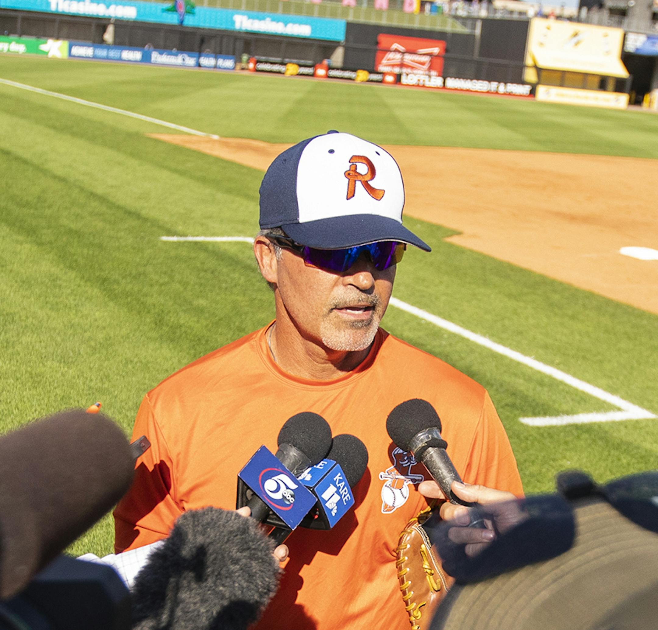 Rafael Palmeiro speaks with the media before the Cleburne Railroaders game against the St. Paul Saints. ] LEILA NAVIDI ï leila.navidi@startribune.com BACKGROUND INFORMATION: Rafael Palmeiro, former MLB player and current player with the Cleburne Railroaders, speaks with the media before the Cleburne Railroaders game against the St. Paul Saints at CHS Field in St. Paul on Tuesday, July 10, 2018.