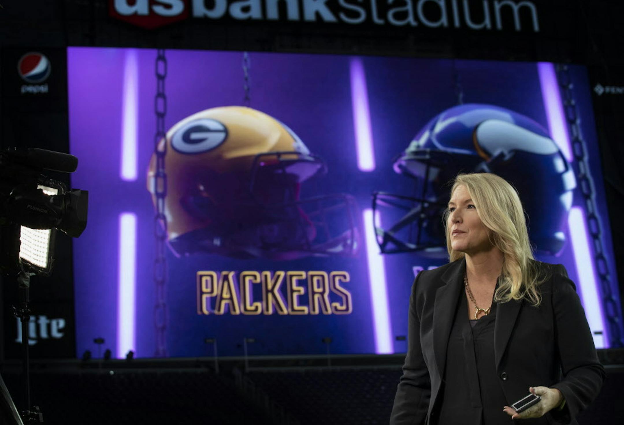 Dawn Mitchell sports reporter at Fox 9 did a live pregame show at U.S. Bank Stadium Sunday November 25, 2018 in Minneapolis, MN.] The Minnesota Vikings hosted the Green Bay Packers at U.S. Bank Stadium. Jerry Holt &#xef; Jerry.holt@startribune.com
