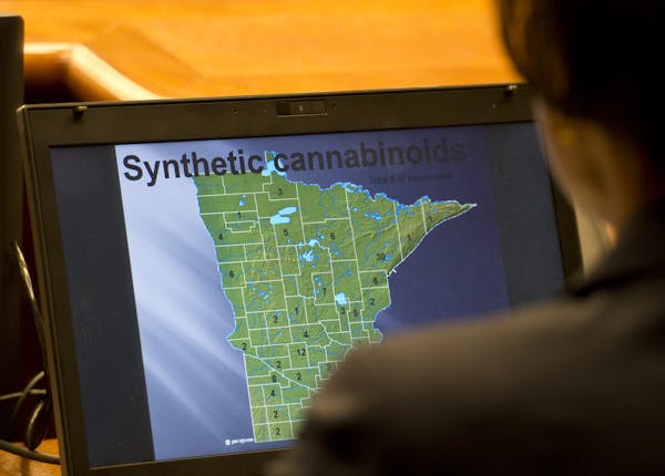 Violet Stephens, forensic scientist for the Bureau of Criminal Apprehension Laboratory displayed a state map with total number of synthetic drug cases