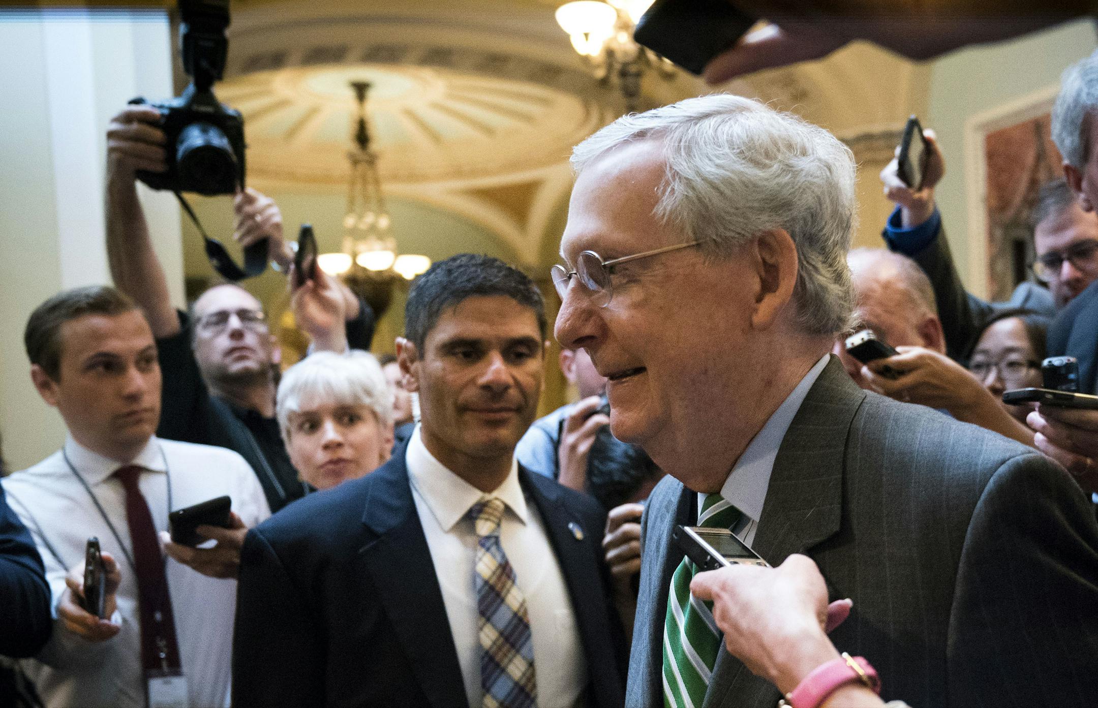 FILE — Senate Majority Mitch McConnell (R-Ky.) departs a Republican closed-door meeting about the Senate healthcare bill on Capitol Hill in Washington, June 22, 2017. Medicare covers nearly one in three in Kentucky, and people here don’t know what to oppose more: Obamacare or Republicans’ cure for it. (Doug Mills/The New York Times)