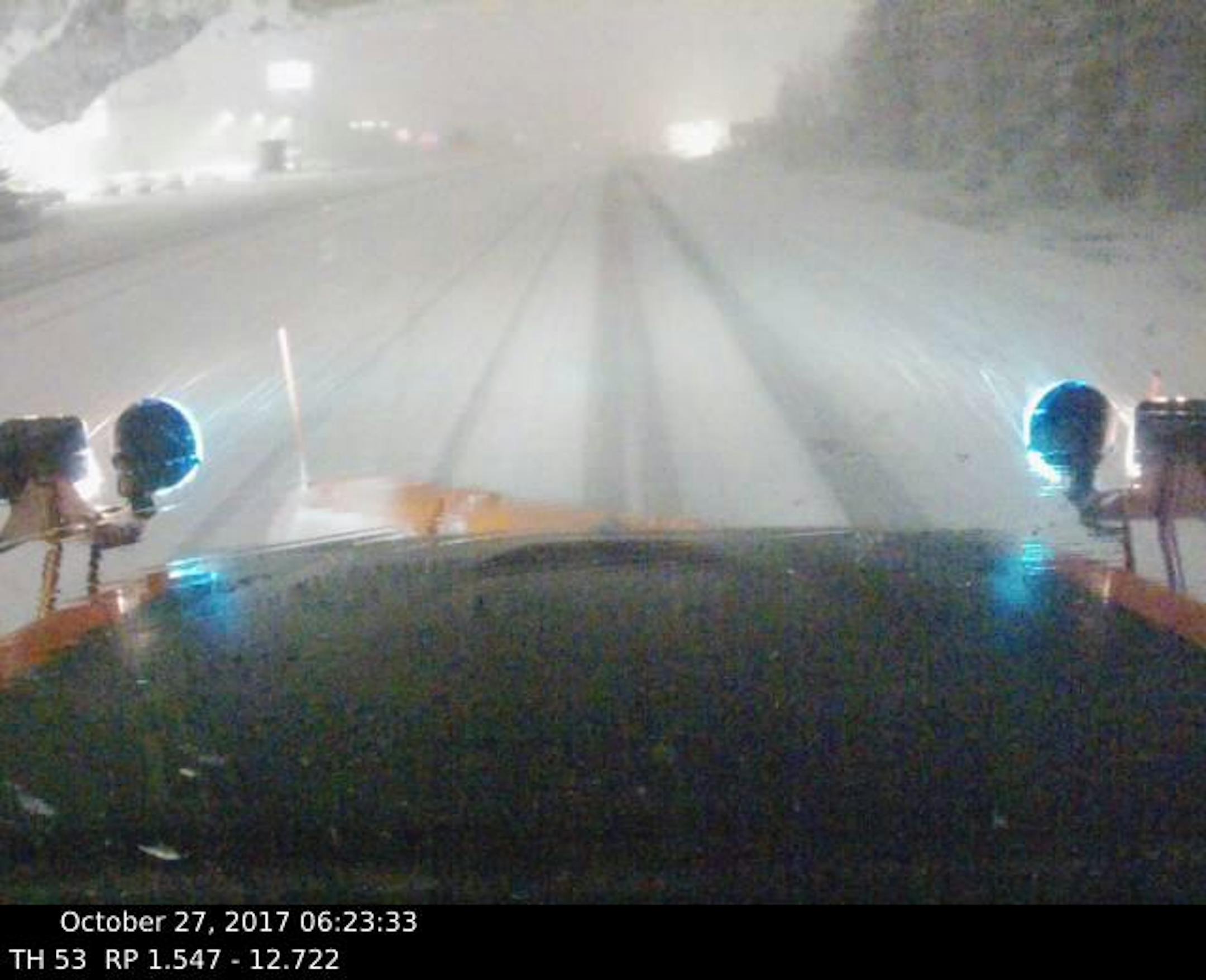 Hwy. 53 near Duluth and Hermantown was covered in snow this morning, as this image taken at 6:23 a.m. by a MnDOT snow plow camera shows.