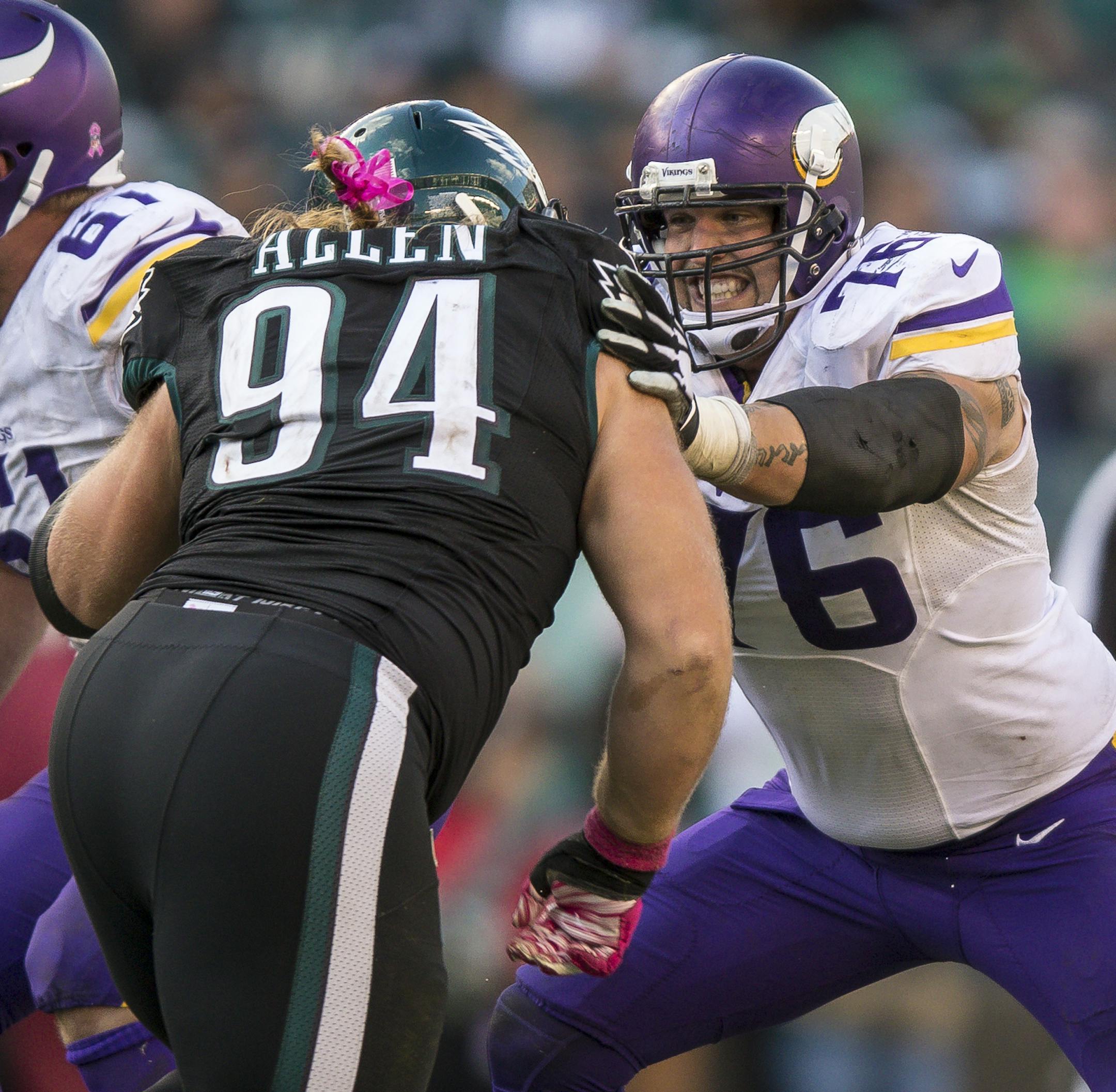 Minnesota Vikings guard Alex Boone (76) blocks against the Philadelphia Eagles, Sunday October 23, 2016 Philadelphia. The Eagles defeated the Vikings 21-10. (Al Tielemans via AP Images) ORG XMIT: NYWWP