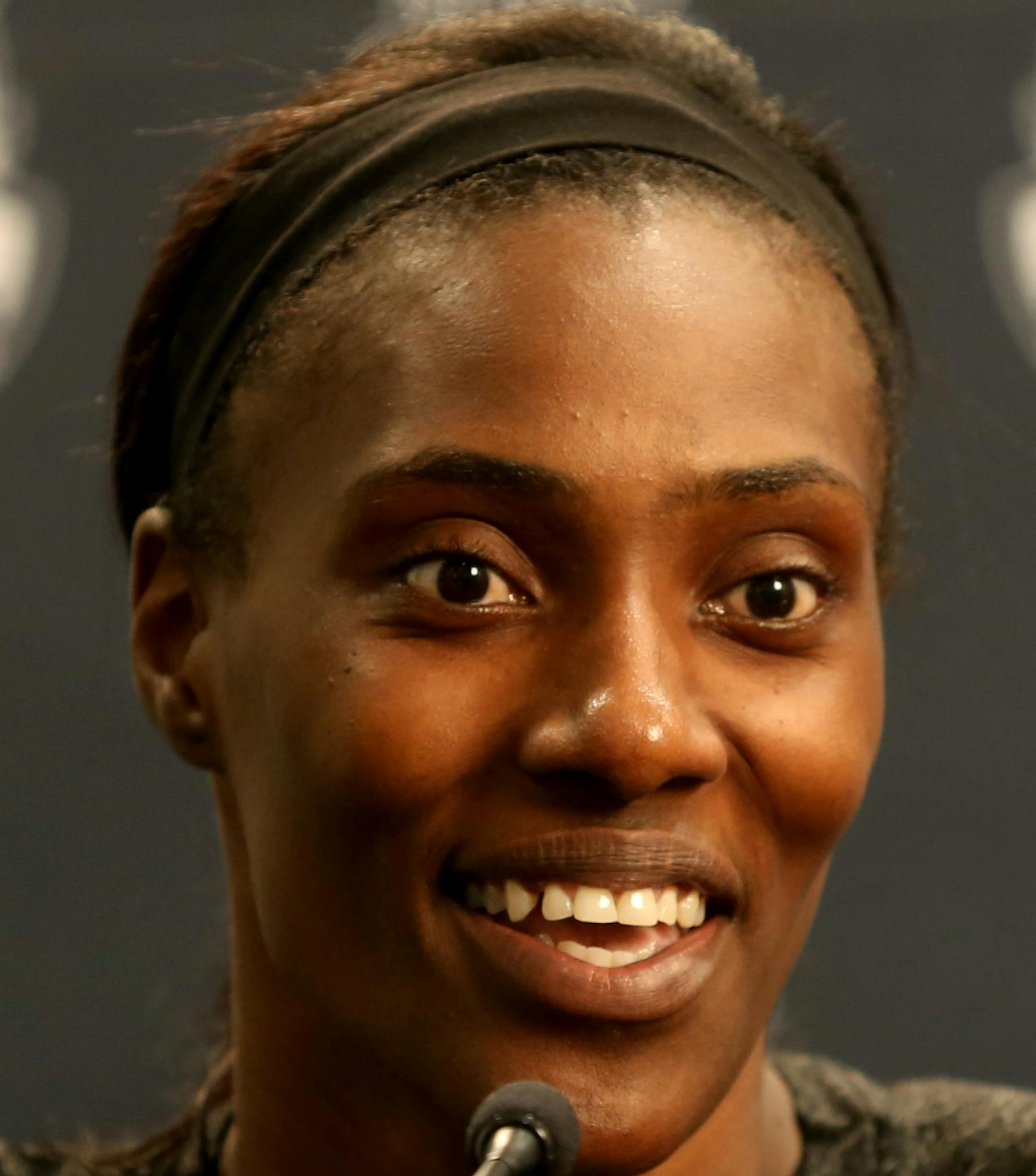 Lynx new center Sylvia Fowles talked to the media about how she feels about joining the team, being reunited with fellow player Seimone Augustus and the possibility of playing for a championship. ] (KYNDELL HARKNESS/STAR TRIBUNE) kyndell.harkness@startribune.com Lynx press conference at the Mayo Sports Clinic in Minneapolis, Min., Tuesday July 28, 2015.