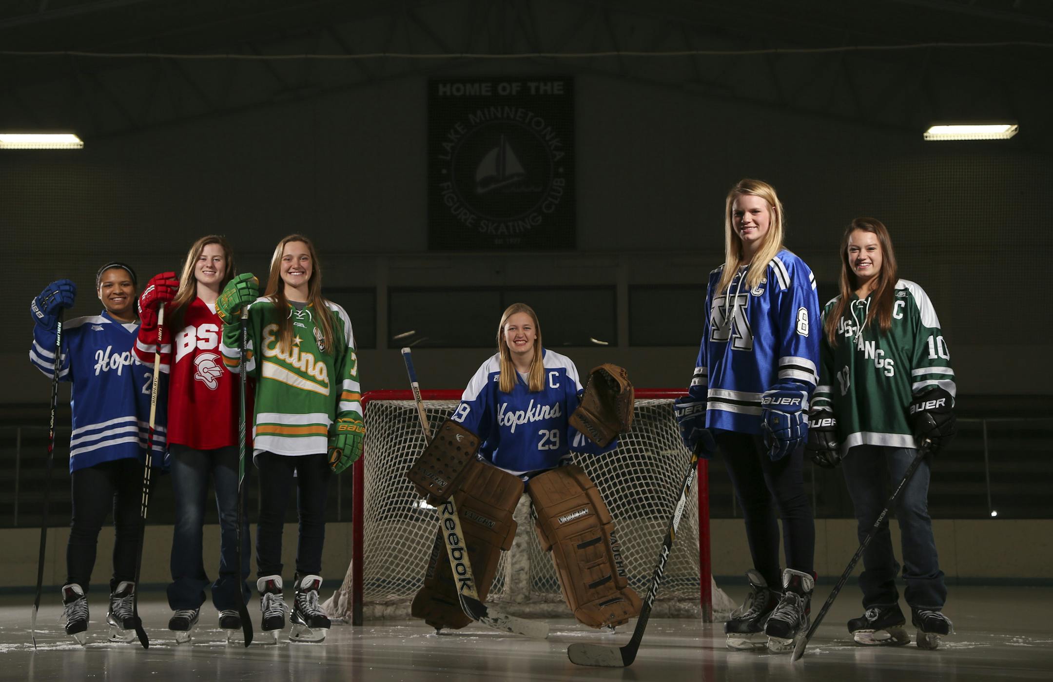 The Star Tribune's All-Metro girls' hockey team, photographed Sunday at the Minnetonka Ice Arena. From left, they are Nina Rodgers, Hopkins; Kelly Pannek, Benilde-St. Margaret's; Taylor Williamson, Edina; Erin O'Neil, Hopkins; Sydney Baldwin, Minnetonka (also the Star Tribune Player of the Year) and Bella Sutton, Mounds View.