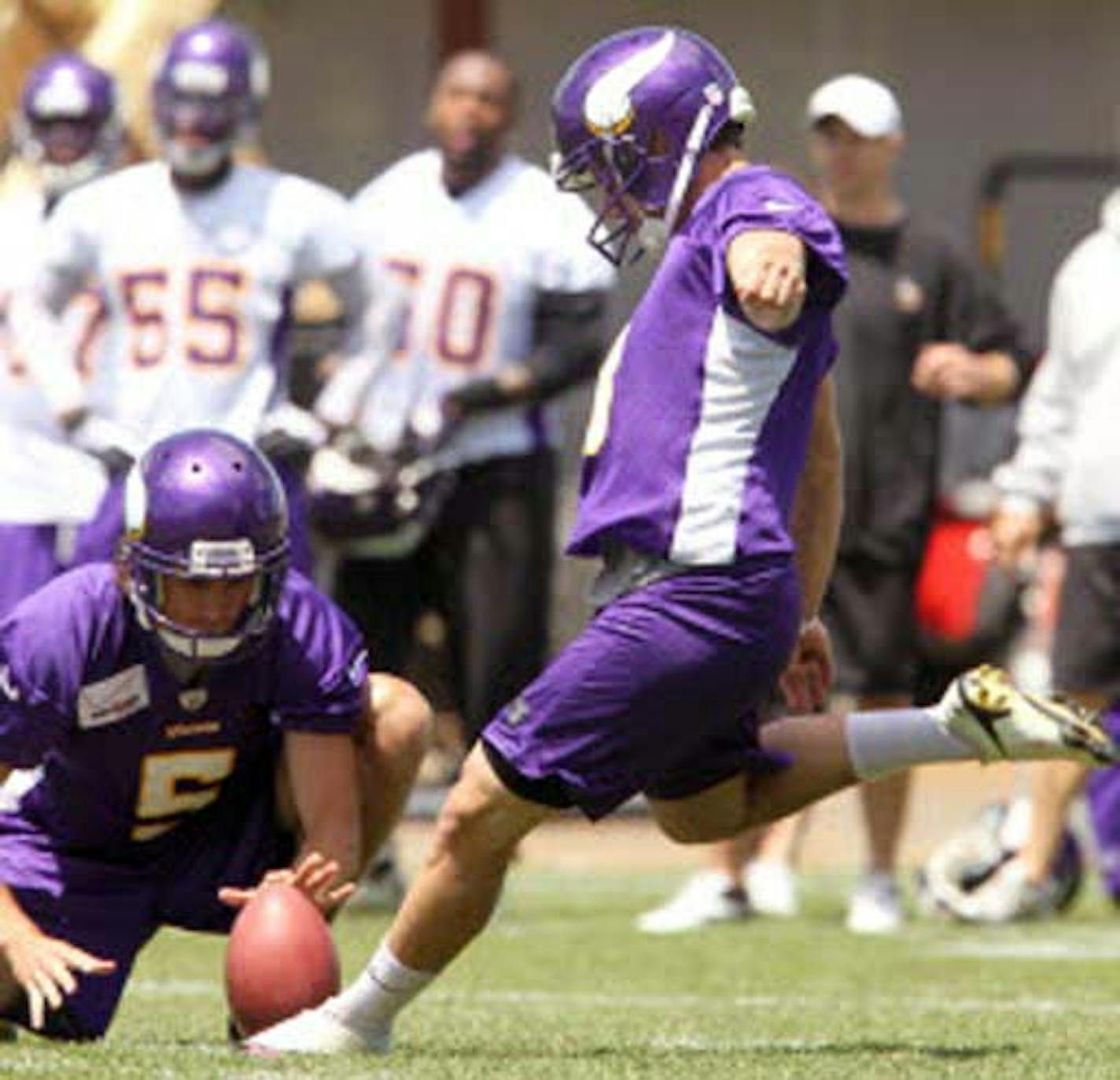 Vikings rookie kicker Blair Walsh (right) and punter Chris Kluwe worked on placekicks during a June practice.