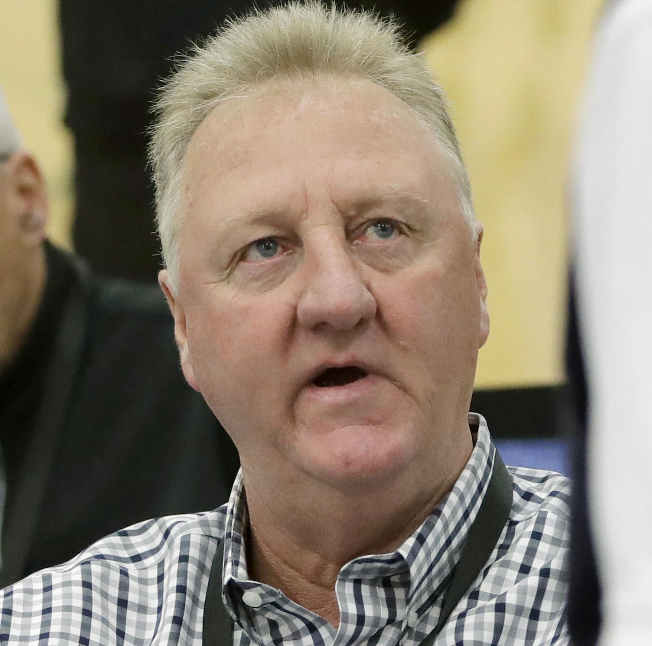 FILE - In this May 17, 2018, file photo, basketball Hall of Famer Larry Bird attends the NBA draft combine in Chicago. A museum is being planned to tell the story of Bird, an Indiana native. Indiana Gov. Eric Holcomb announced Saturday, Oct. 20, 2018, that the museum will be located in a new convention center that's being built in Terre Haute in western Indiana. (AP Photo/Charles Rex Arbogast, File)