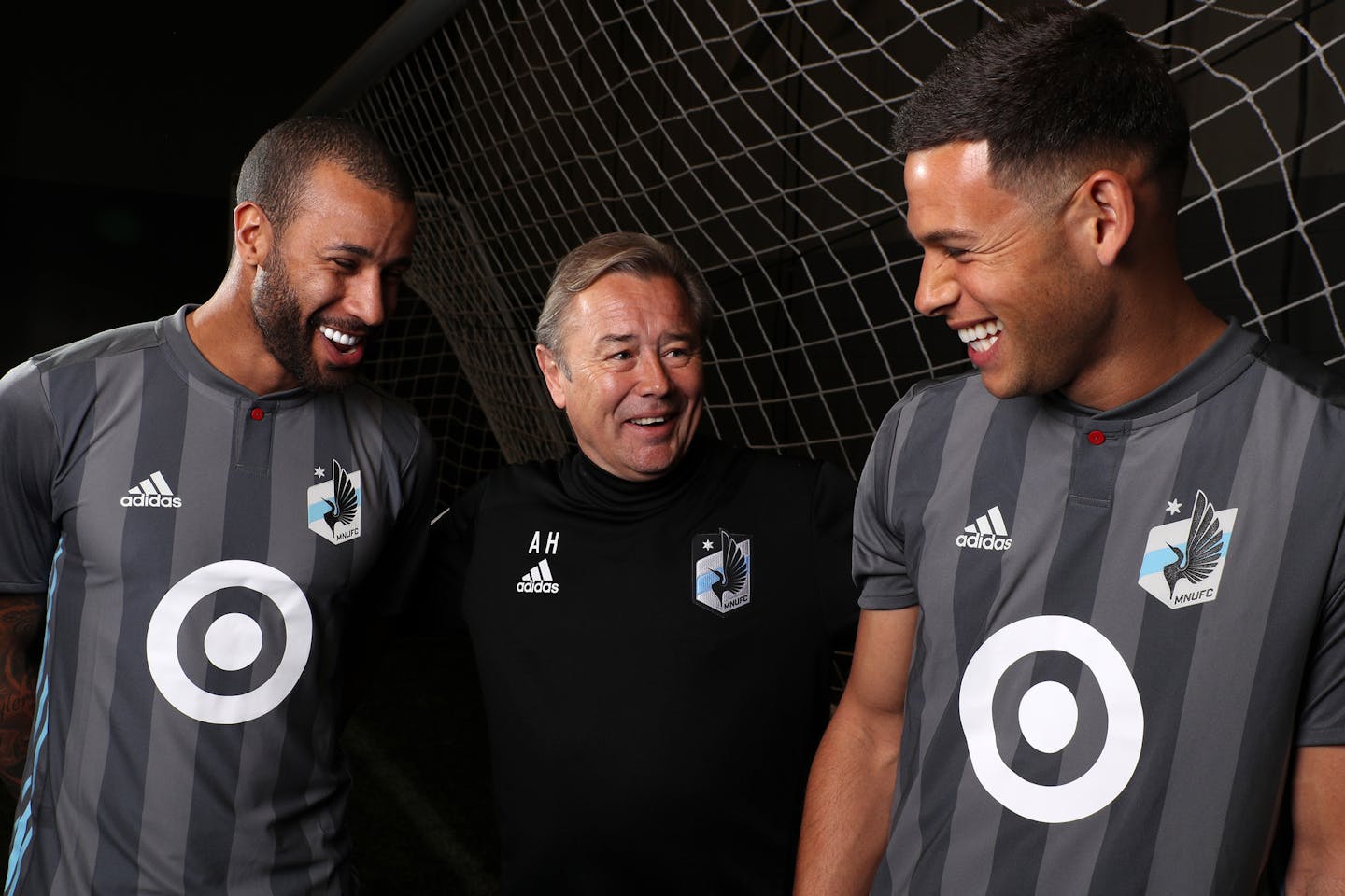 Minnesota United's Tyrone Mears, head coach Adrian Heath, and Christian Ramirez