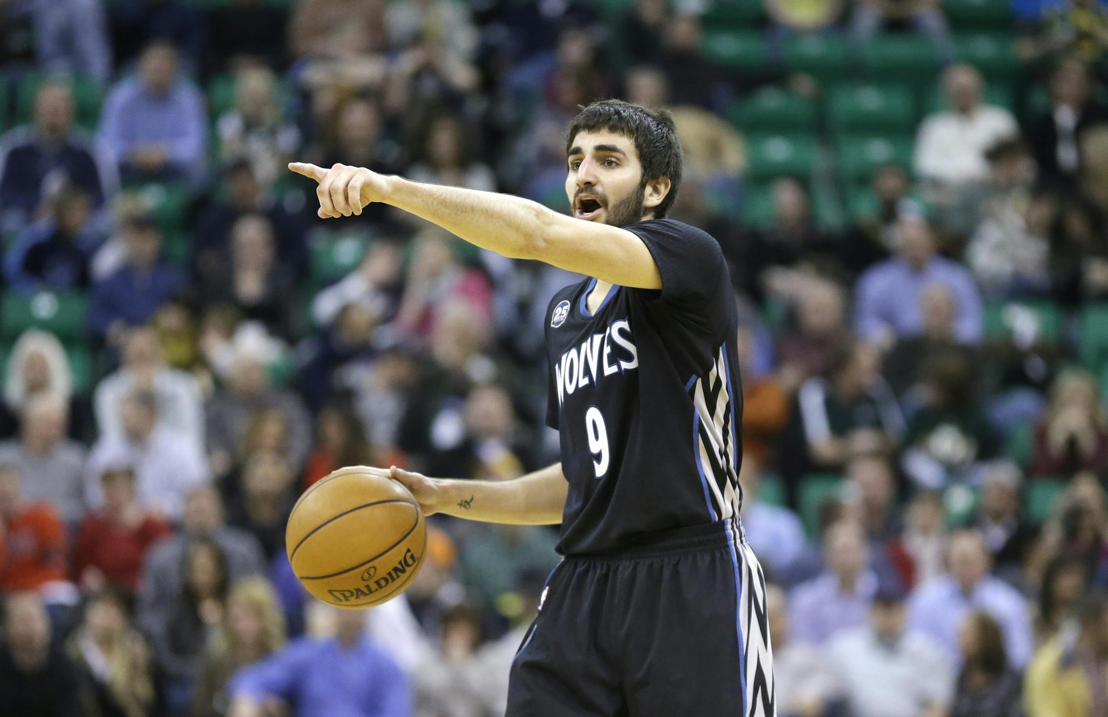 Minnesota Timberwolves' Ricky Rubio (9), of Spain, points up court in the second half during an NBA basketball game against the Utah Jazz Tuesday, Jan. 21, 2014, in Salt Lake City.