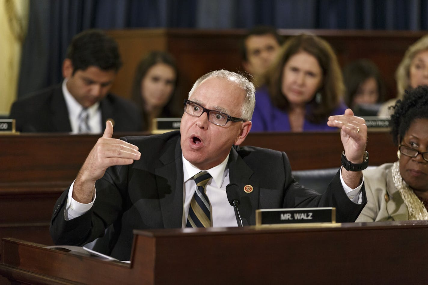 Rep. Tim Walz, D-Minn., a member of the House Committee on Veterans' Affairs, questions witnesses from the Department of Veterans Affairs as the panel investigates allegations of gross mismanagement and misconduct at VA hospitals possibly leading to patient deaths, on Capitol Hill in Washington, Wednesday, May 28, 2014. (AP Photo/J. Scott Applewhite) ORG XMIT: MIN2014052915120778