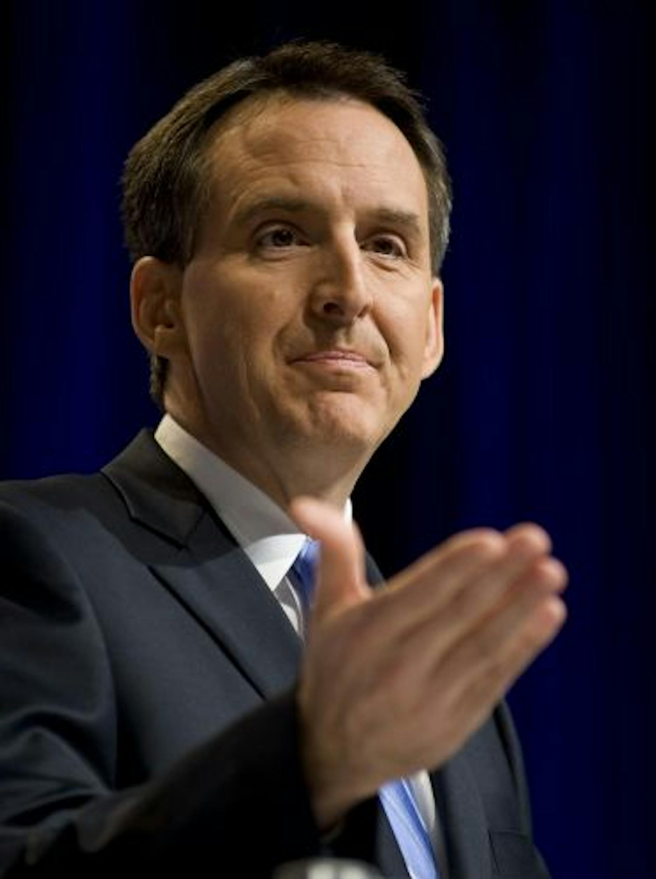 FILE - In this Feb. 19, 2010 file photo, Minnesota Gov. Tim Pawlenty addresses the Conservative Political Action Conference (CPAC) in Washington. The tea party's demands for ideologically pure stands on health care and federal spending have caught some GOP presidential hopefuls off guard, forcing them to awkwardly defend earlier decisions as they watch hard-right rivals gain ground.