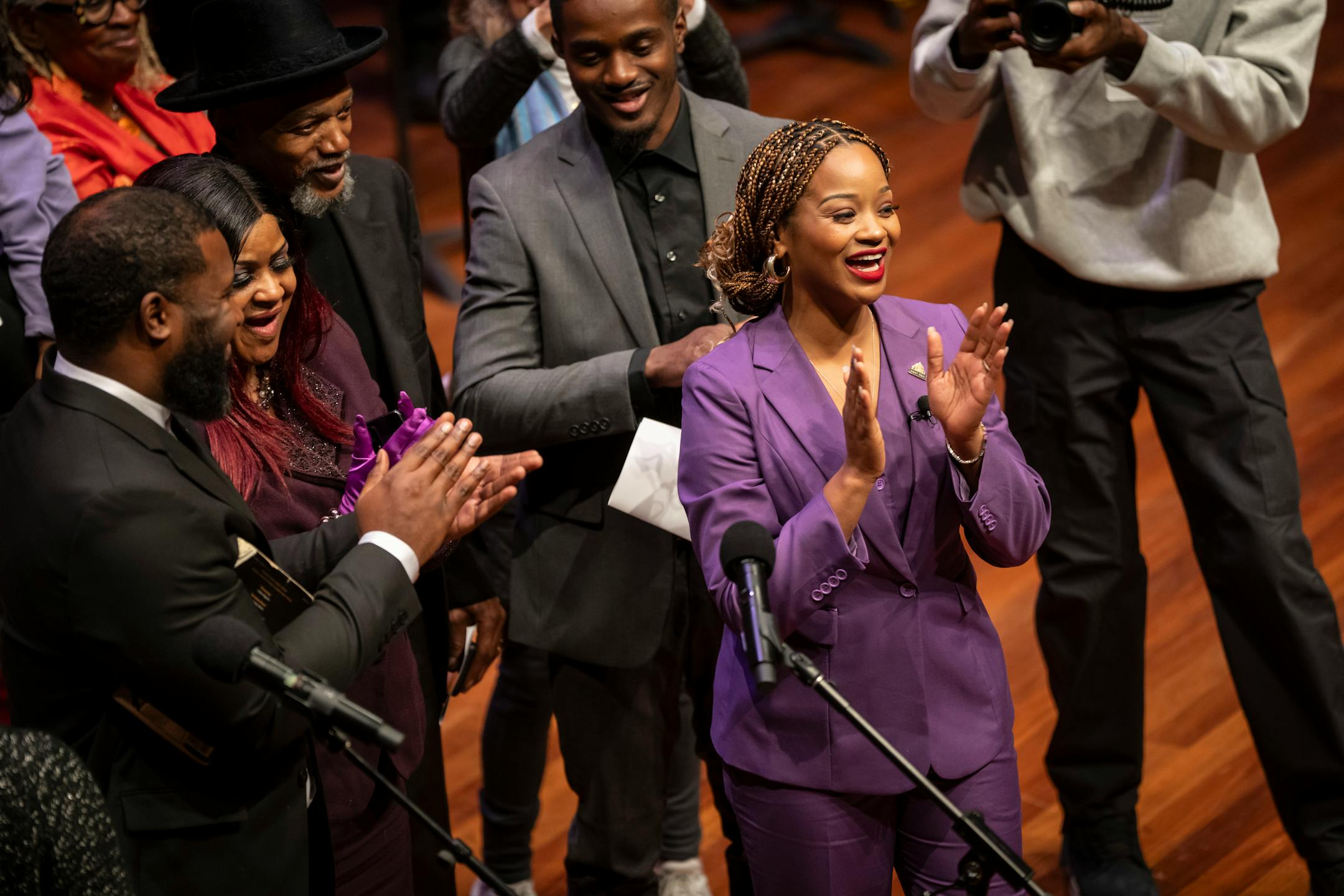 New Council Member Anika Bowie, Ward 1, claps after being sworn in at the swearing in ceremony of the seven female St. Paul city council members, four new to the council, at the Ordway Center on Tuesday, Jan. 9, 2024 in St. Paul, Minn. ] RENEE JONES SCHNEIDER • renee.jones@startribune.com