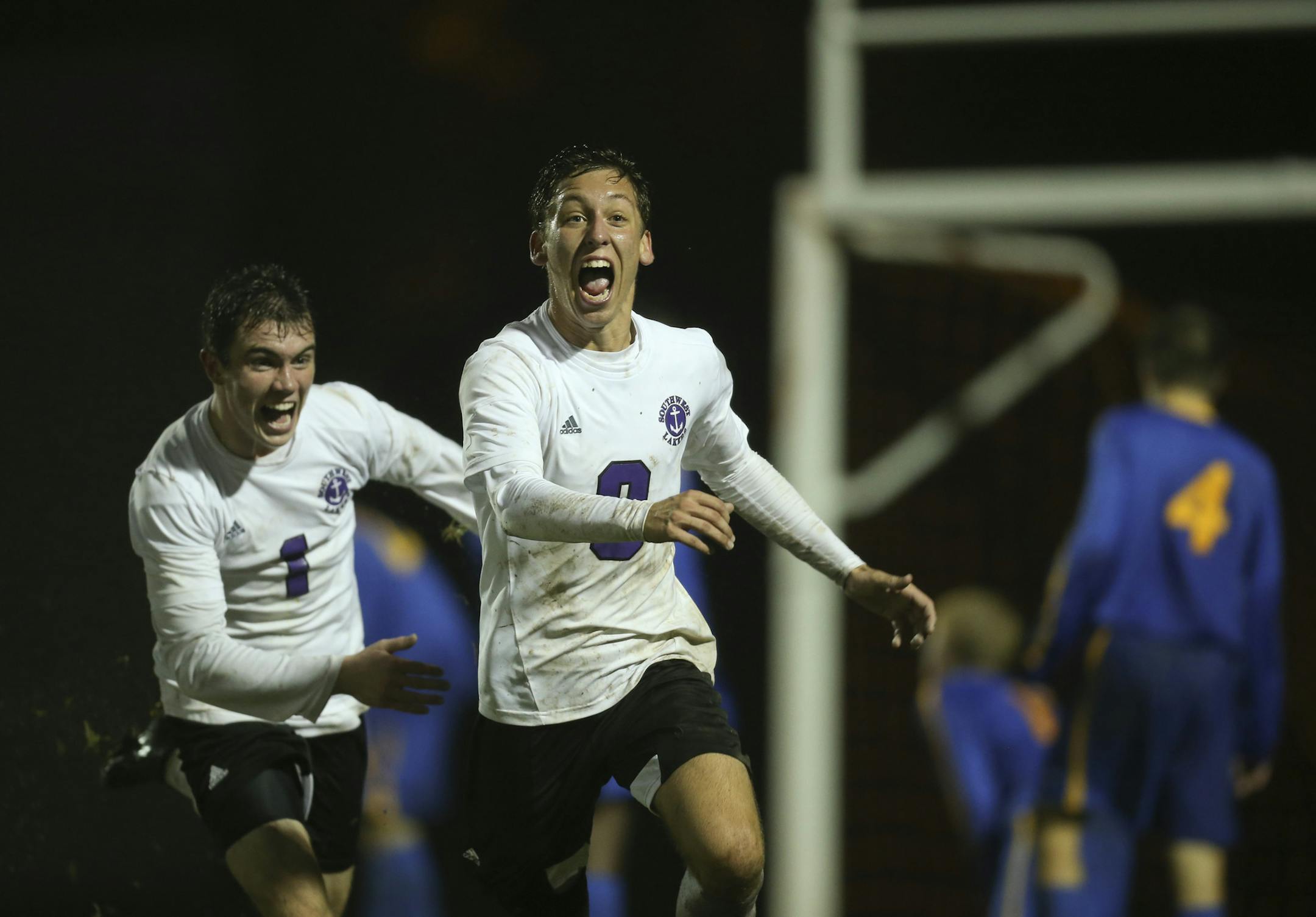 Southwest scored three unanswered second half goals to defeat Wayzata High School 3-2 for the boy's soccer section 6, class AA championship Tuesday night, October 15, 2013 at Southwest High School in Minneapolis. The Lakers' Diego Rios ran towards the stands as he celebrated his game winning goal in the second half against Wayzata. He was trailed by teammate Adam Ulring. ] JEFF WHEELER &#x201a;&#xc4;&#xa2; jeff.wheeler@startribune.com