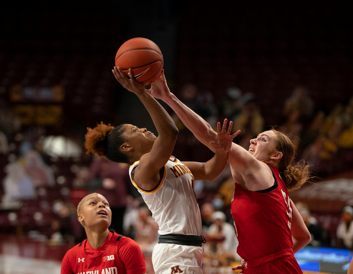 Maryland forward Chloe Bibby blocked a second quarter shot by Gophers guard Jasmine Powell