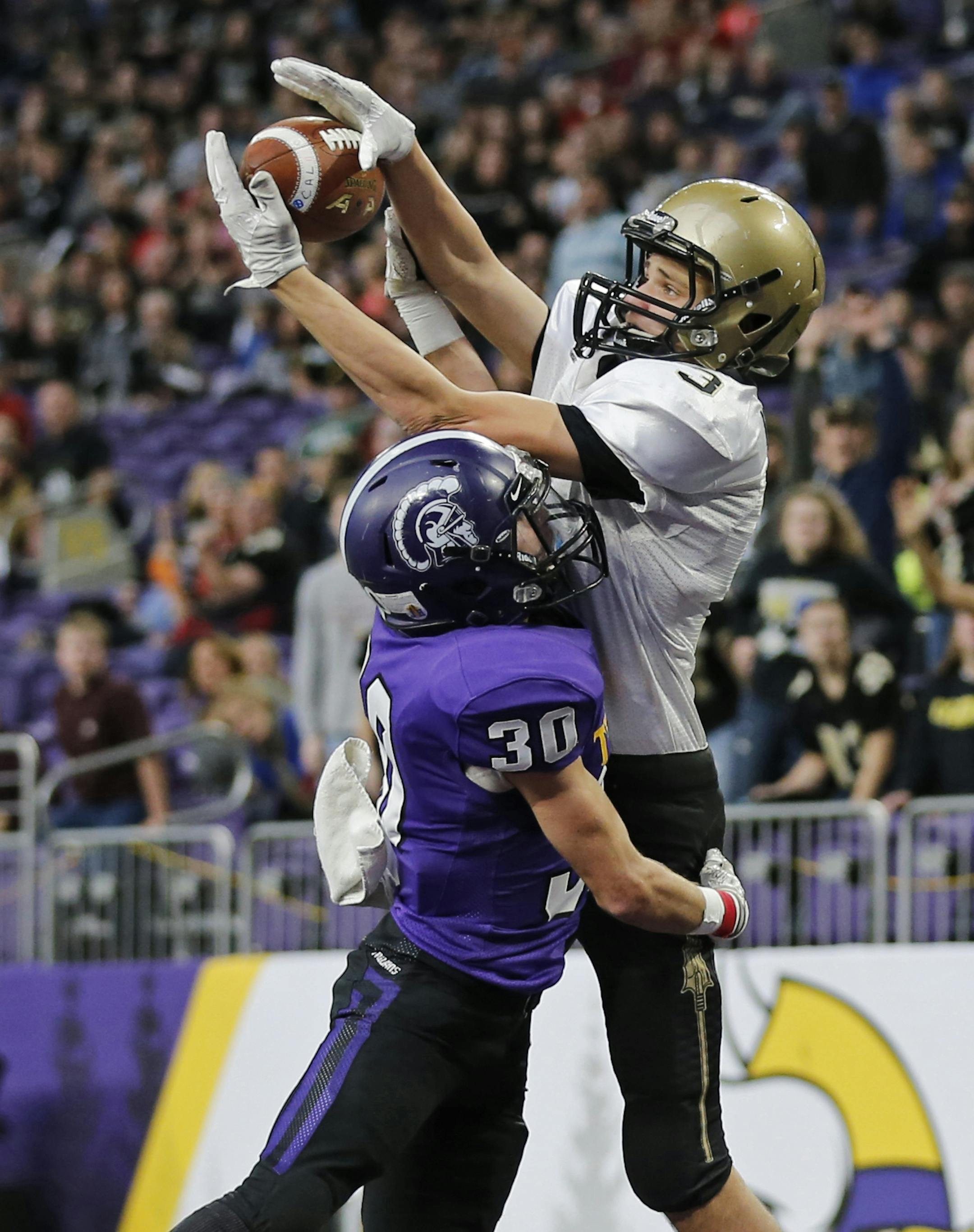 A pass in the end zone intended for Caledonia's Eli King (3) fell incomplete as Barnesville's Chase Brenner defended. ] Shari L. Gross ï shari.gross@startribune.com Caledonia shut out Barnesville 21-0 for their fourth consecutive class 2A championship inside U.S. Bank Stadium on Friday, Nov. 23, 2018