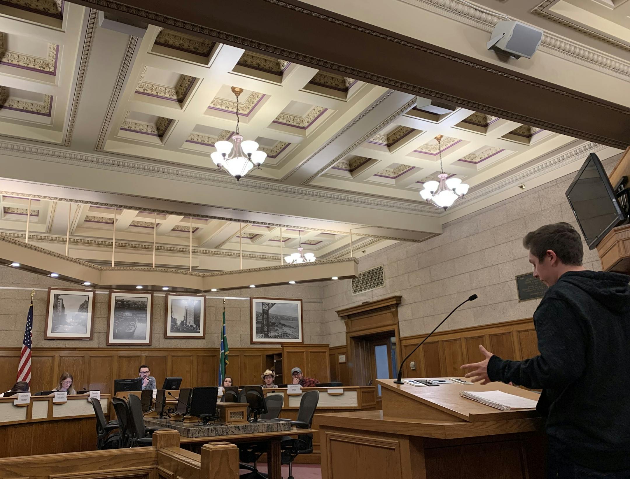 UMD senior Jon Phipps, playing the role of a longtime Springfield resident in his class' mock City Council session, argues in favor of a proposed development project.