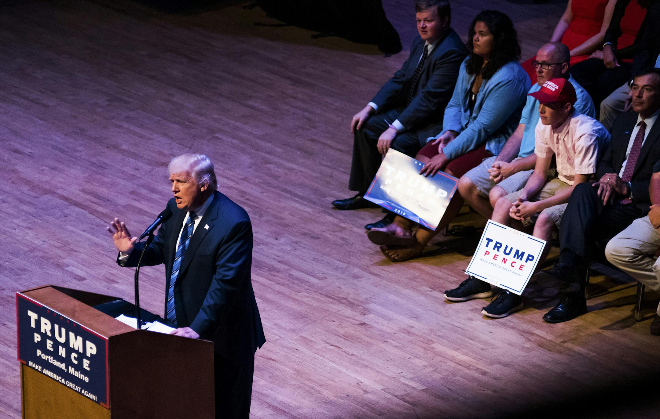 Donald Trump, the Republican presidential nominee, speaks during a campaign event at the Merrill Auditorium in Portland, Maine, Aug. 4, 2016. (Brendan Bullock/The New York Times) ORG XMIT: MIN2016081712265240
