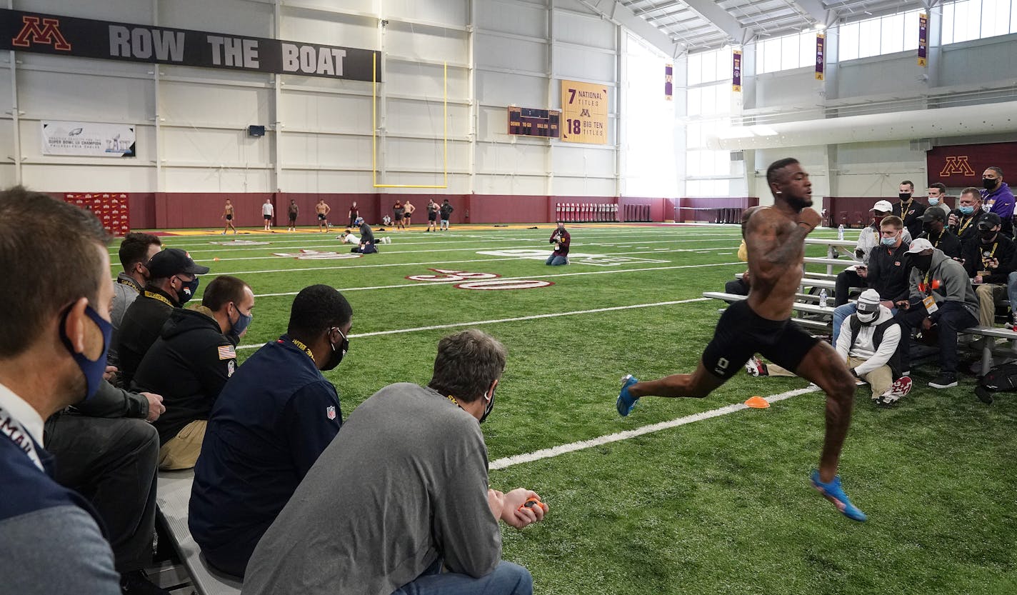 University of Minnesota wide receiver Rashod Bateman sprinted in front of NFL scouts during Pro Day Thursday. ] ANTHONY SOUFFLE • anthony.souffle@startribune.com