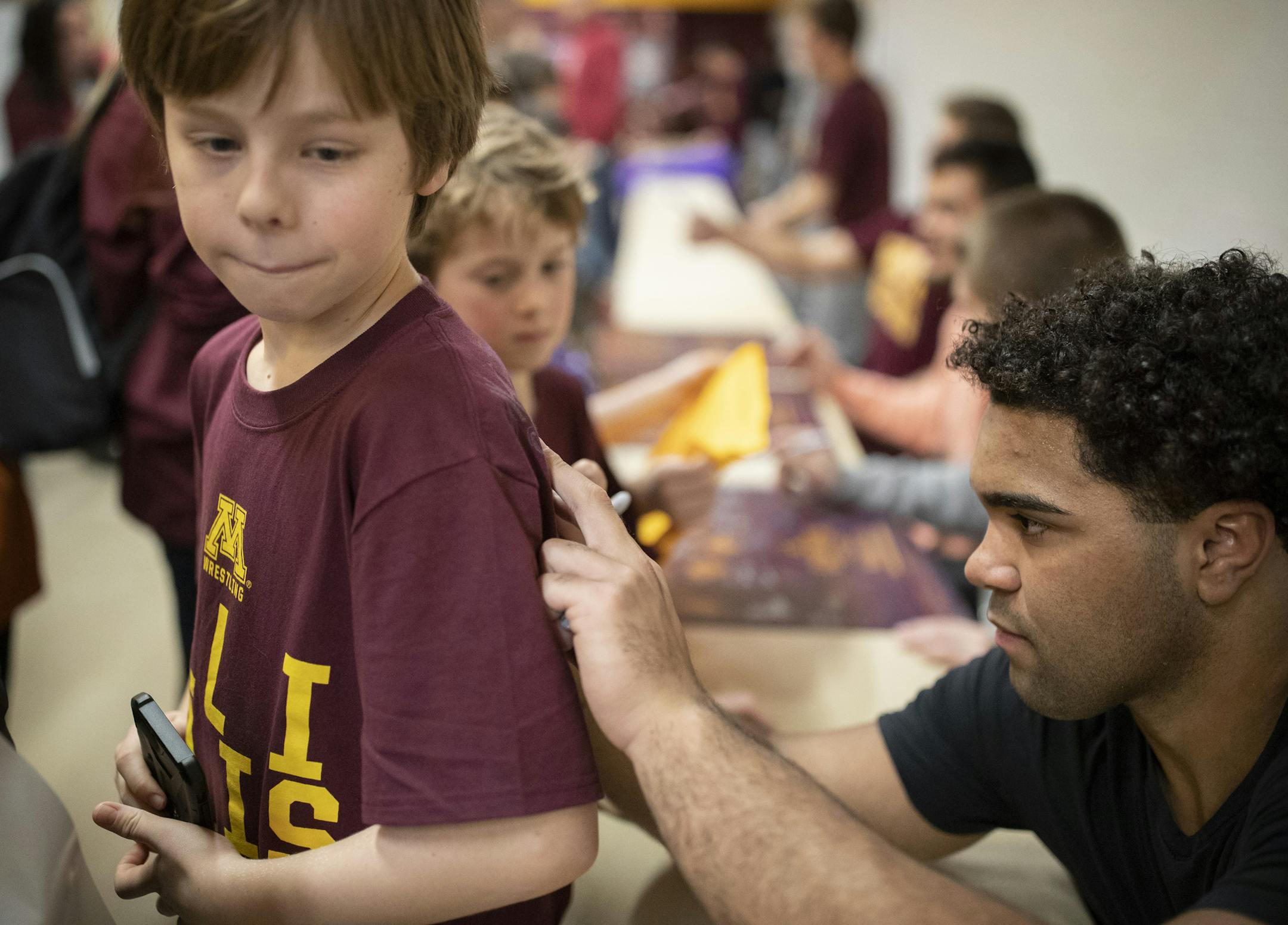 Gable Steveson autographed the shirt of Bjorn Svendsen 12, after he wrestled Christian Colucci of Rutgers at Maturi Pavilion Sunday January 6, 2019 in Minneapolis, MN.] The University of Minnesota hosted Rutgers in Big Ten wrestling action at Maturi Pavilion. Jerry Holt &#x2022; Jerry.holt@startribune.com