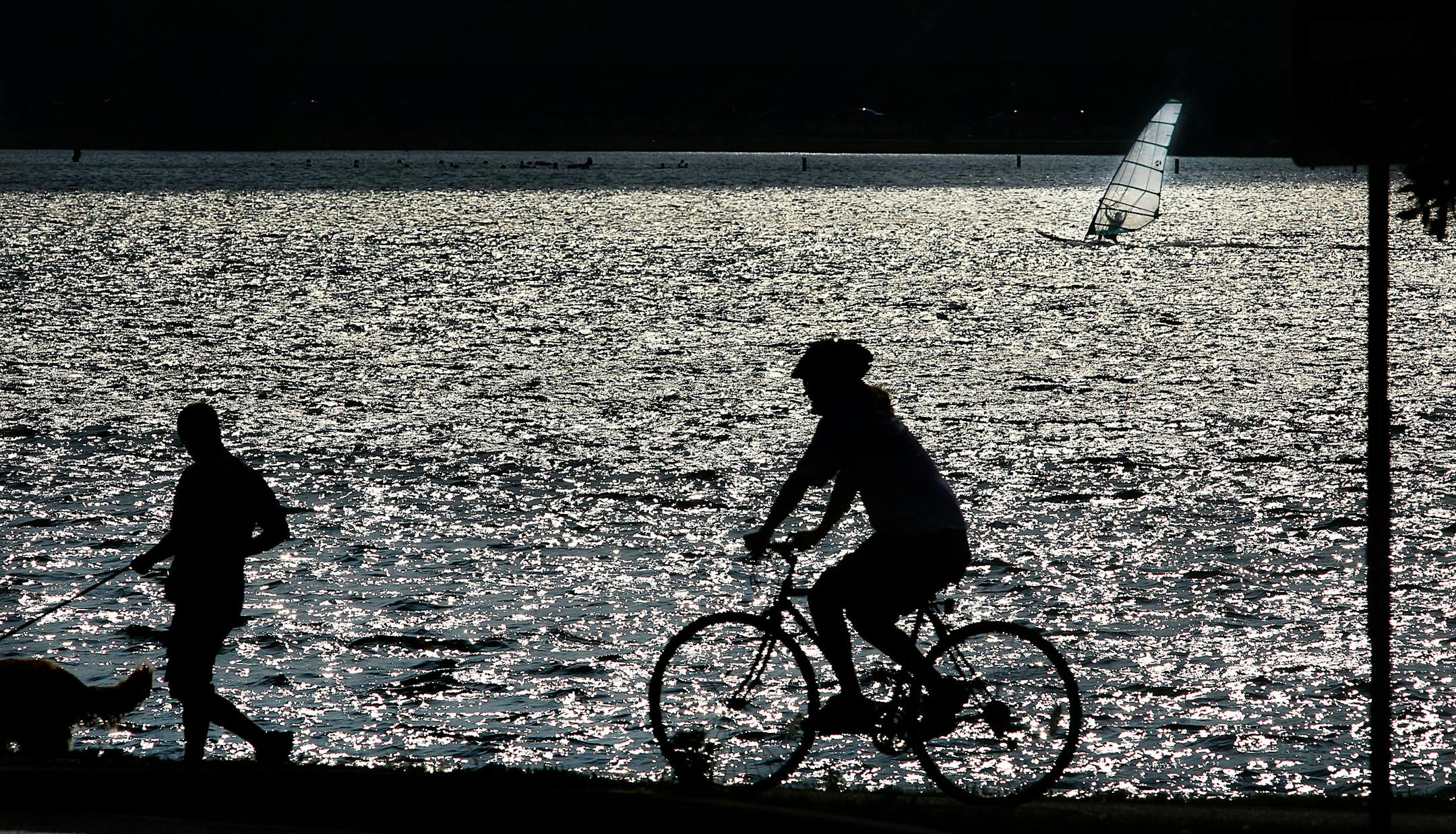 Sunlight glistened off the choppy waters of Lake Calhoun, silhouetting those who enjoyed getting exercise on a warm, August evening.