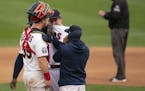 Twins reliever Tyler Duffey, catcher Ryan Jeffers and pitching coach Wes Johnson held a discussion on the mound in the seventh inning Tuesday.
