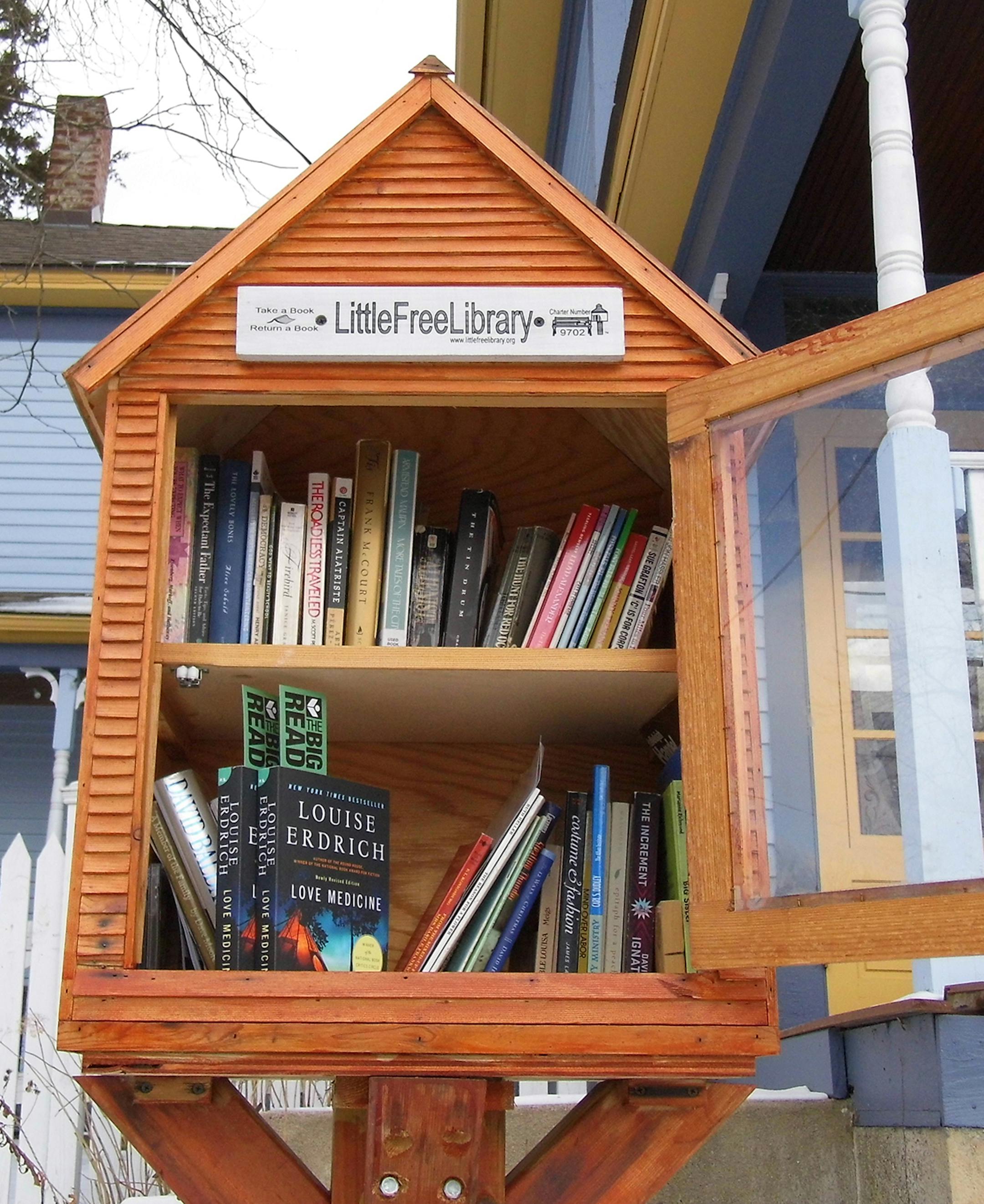 the "Love Medicine" book inside a Little Free Library.