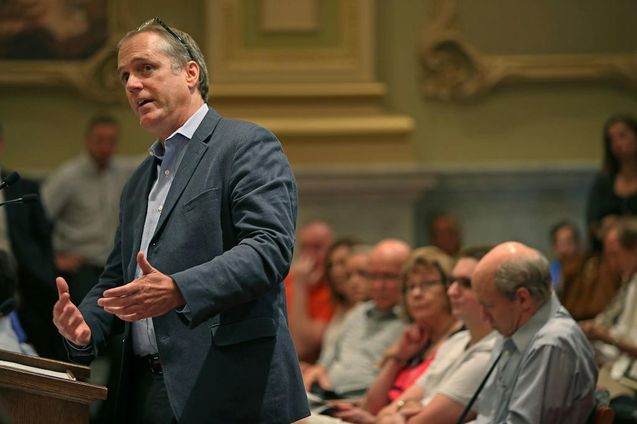 Developer Mark Dwyer spoke to the Zoning and Planning Committee regarding the Linden Crossing proposal, Thursday, August 7, 2014 at City Hall in Minneapolis, MN.