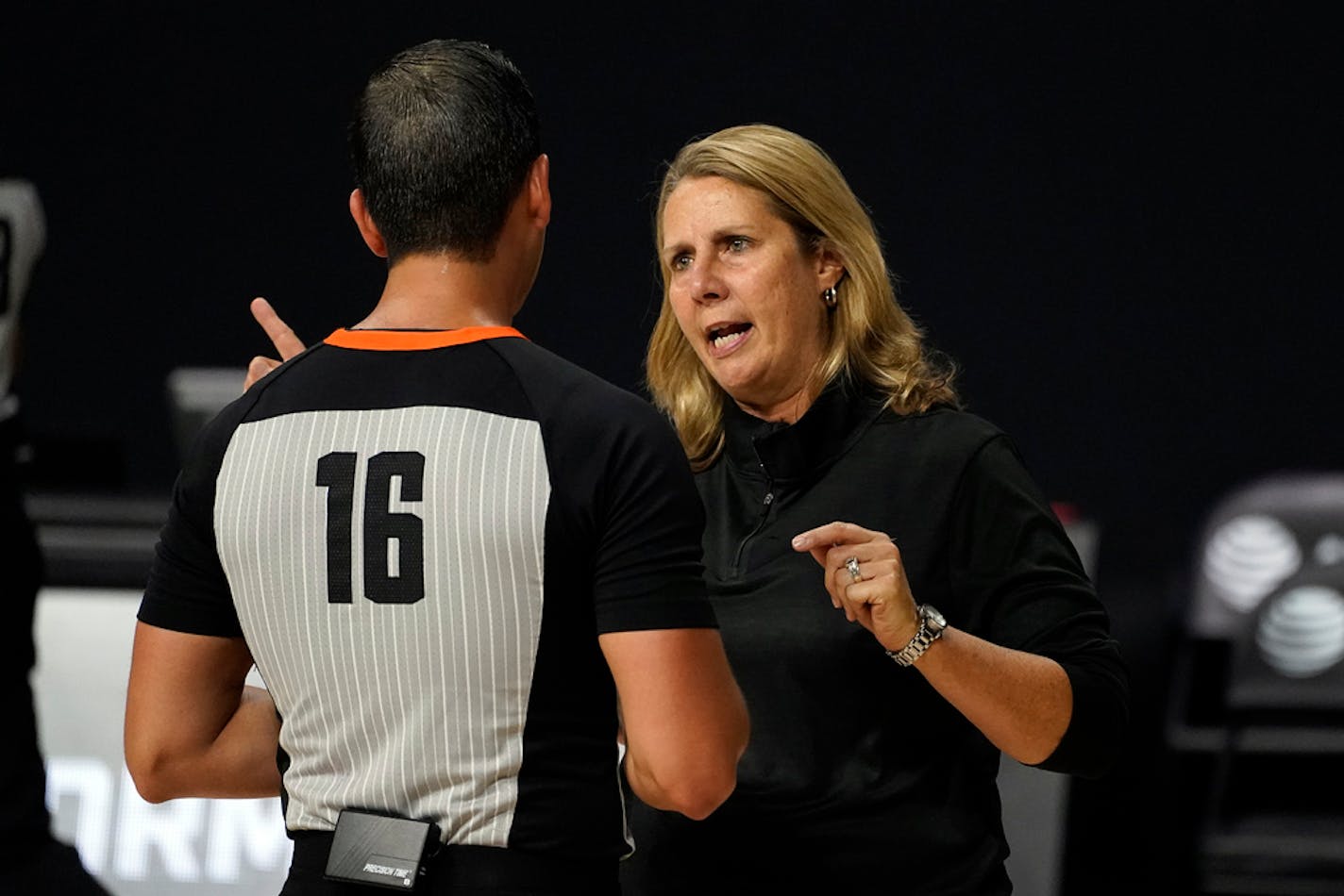 Minnesota Lynx head coach Cheryl Reeve talks to an official during the first half of Game 1 of a WNBA basketball semifinal round playoff series against the Seattle Storm Tuesday, Sept. 22, 2020, in Bradenton, Fla. (AP Photo/Chris O'Meara) ORG XMIT: MER757acedac4b3e91927ec70e8ccf7f