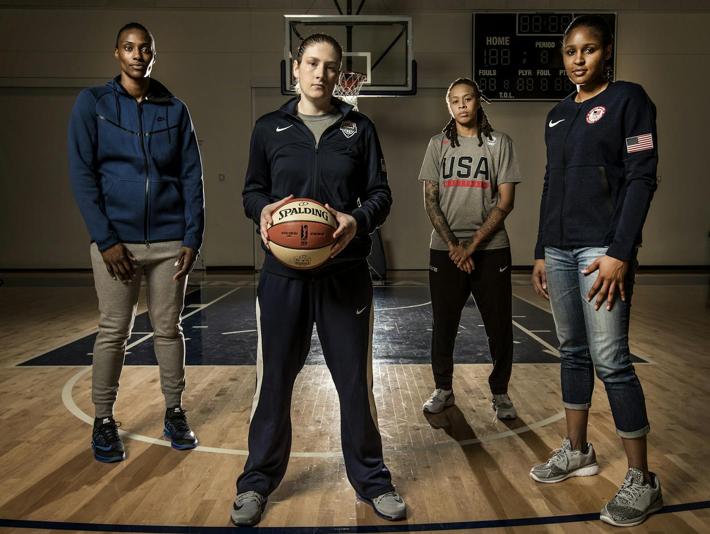 (From left) Sylvia Fowles, Lindsay Whalen, Seimone Augustus and Maya Moore of the reigning WNBA champion Lynx make up a third of the U.S. Olympic women&#x2019;s roster. They have a combined six gold medals.