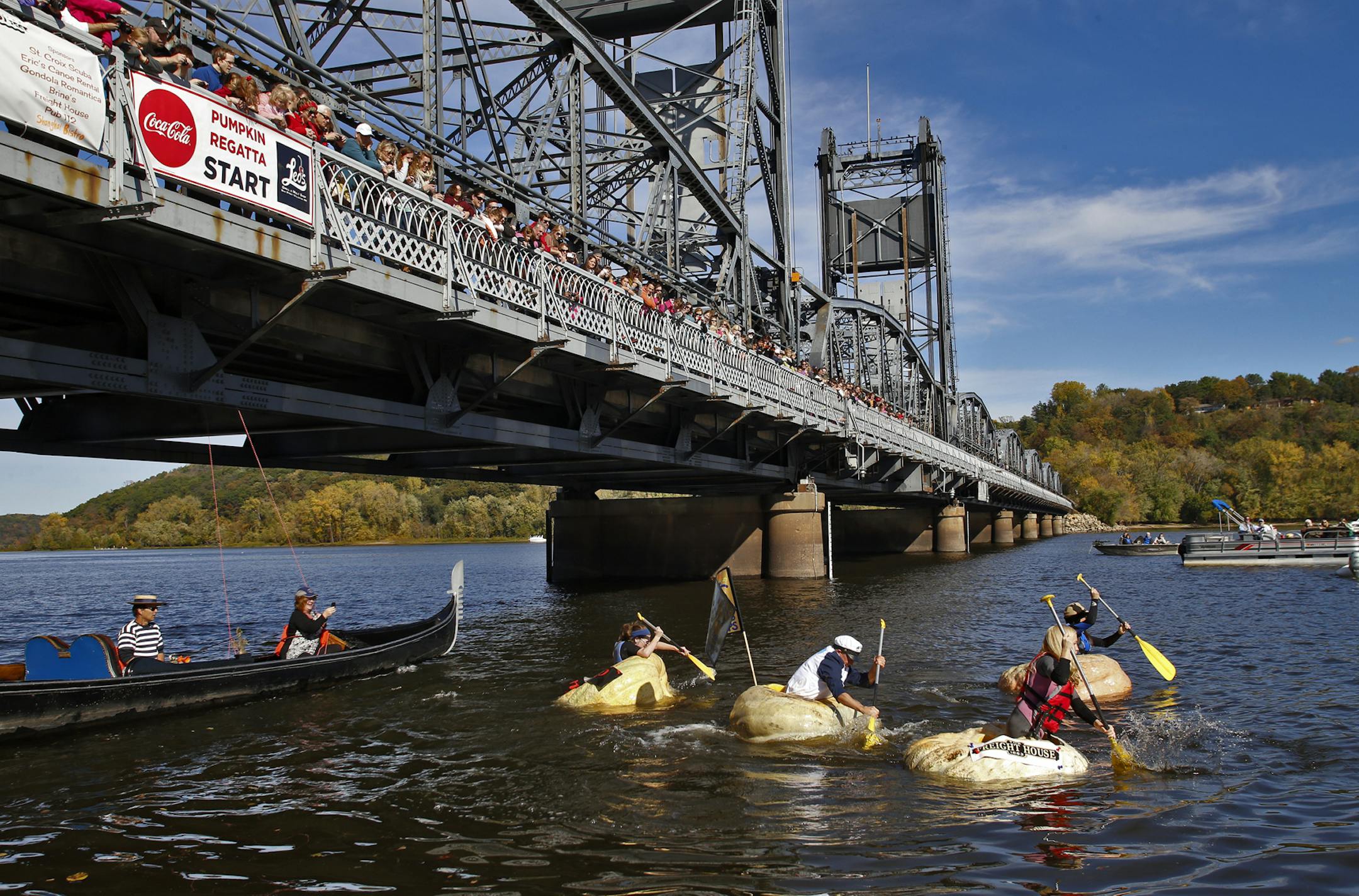 Participants in the Pumpkin Boat Regatta on the St. Croix River in downtown Stillwater paddled for all they were worth on Sunday as part of the Stillwater Harvest Festival. Giant pumpkins were hollowed out to allow paddlers to race their way down the river in the 100-yard contest as spectators watched from the lift bridge.