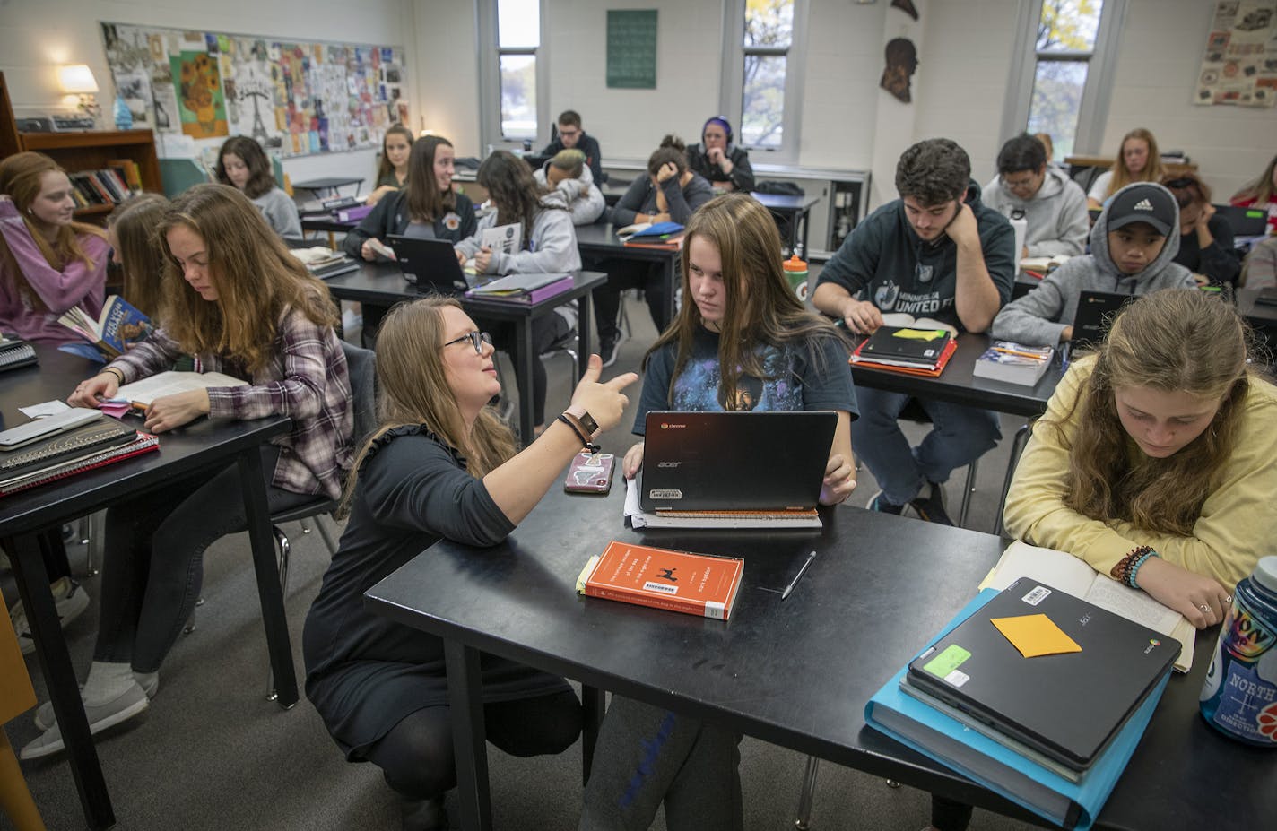 White Bear Lake North High School's Katelin Held, worked with students in her Language Arts class, Monday, October 21, 2019 in White Bear Lake, MN. ] ELIZABETH FLORES &#x2022; liz.flores@startribune.com