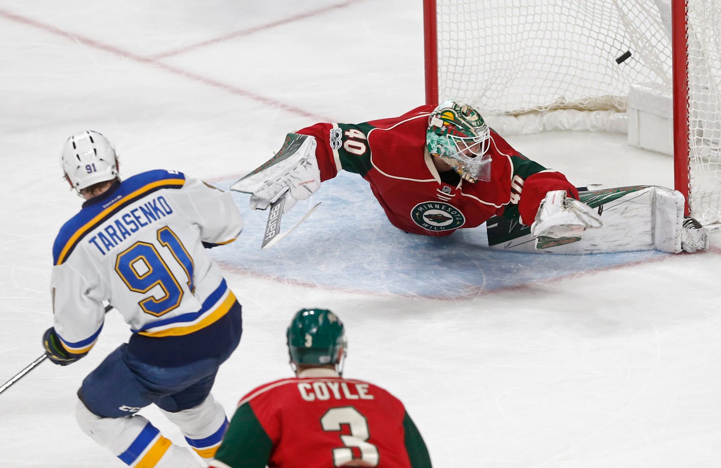 The Blues' Vladimir Tarasenko, scoring against the Wild in March.