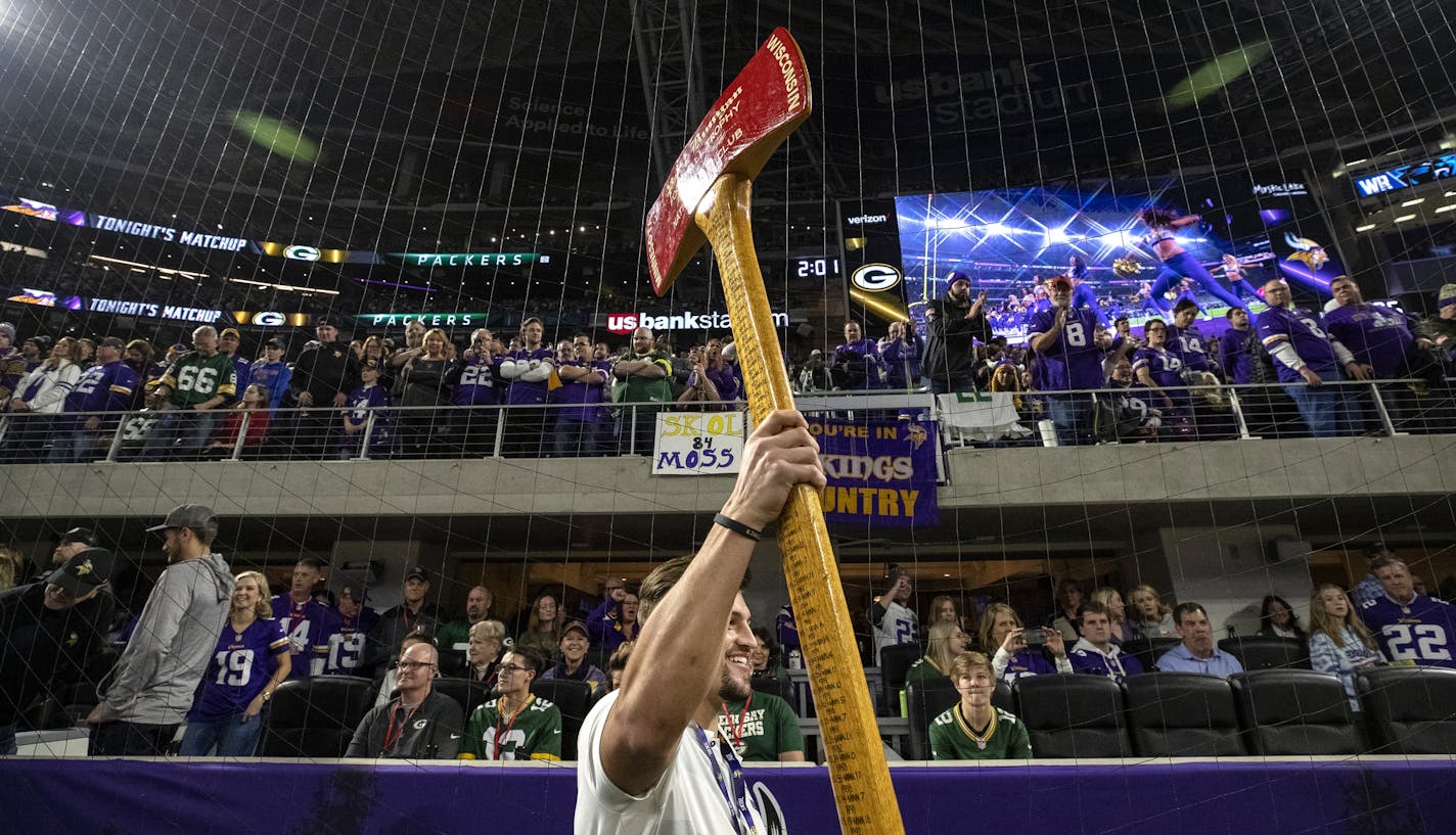 Minnesota Gophers players brought the Paul Bunyan Axe to US Bank Stadium after beating Wisconsin yesterday.