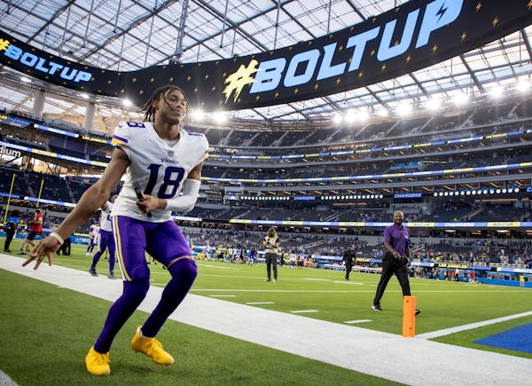 Minnesota Vikings receiver Justin Jefferson (18) dances while leaving the field at the end of the game Sunday, Nov. 14, 2021 at SoFi Stadium in Inglew