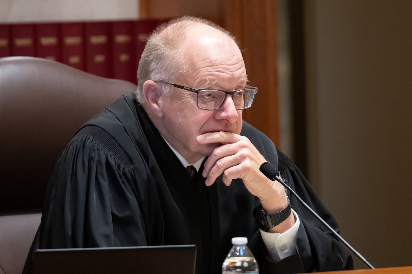 Associate Justice G. Barry Anderson, shown in November as Donald Trump's attorney Nicholas Nelson argued his case before the Minnesota Supreme Court Thursday, Nov. 2, 2023 St. Paul, Minn. The Minnesota Supreme Court heard arguments to keep former President Trump off the ballot ] GLEN STUBBE • glen.stubbe@startribune.com